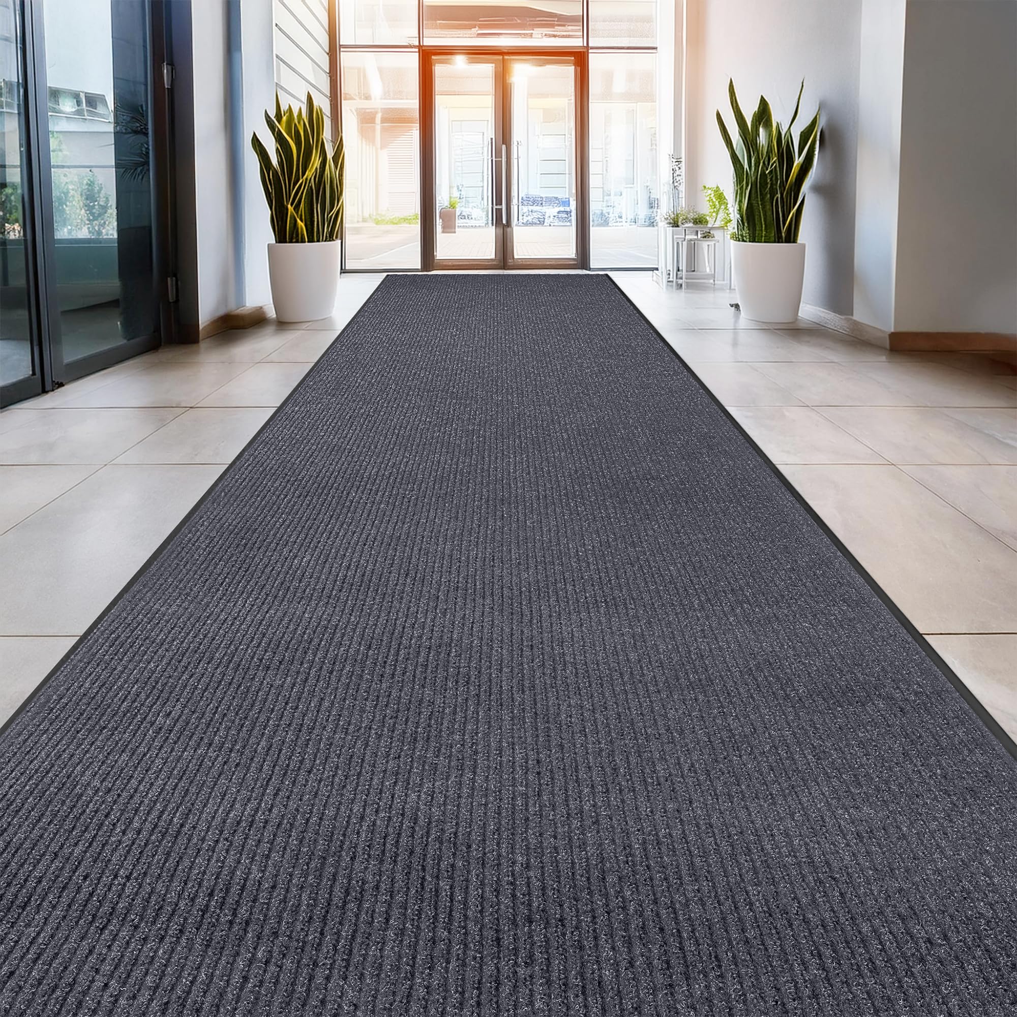 MaxMat® Commercial Entryway Mat - Large Rubber Heavy Duty Doormat, Indoor/Outdoor, Easy Clean, Waterproof Floor Mat (4 x 10 Feet, Grey, MXM-RIB0410GY)