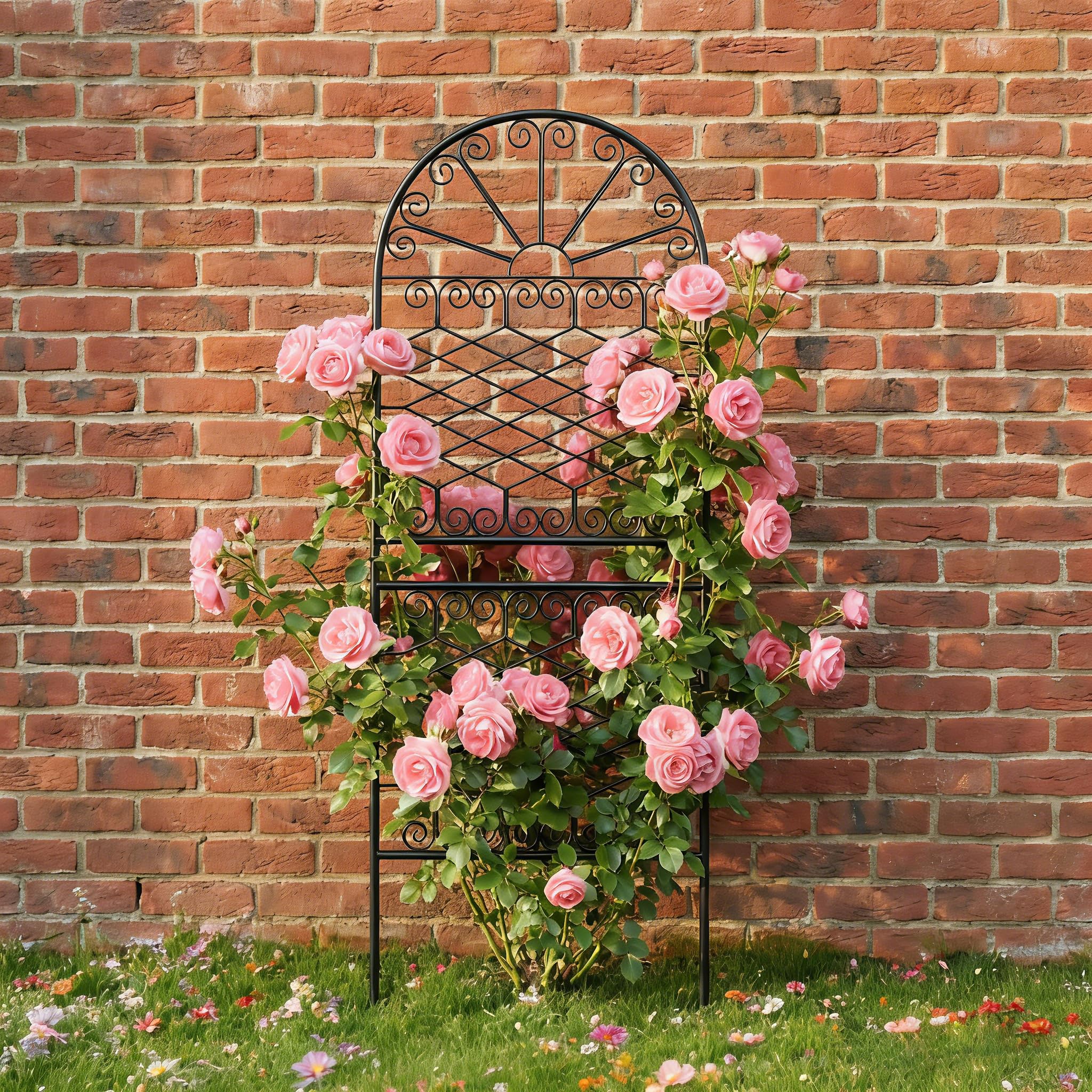 Metall Rankhilfe 150x56 cm, dekoratives Eisen Rankgitter mit Sonnendesign & Rautenmuster, wetterfestes Rankgerüst für Kletterpflanzen, Rosen, Clematis, geeignet für Garten, Balkon