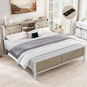 YITAHOME Farmhouse King Size Bed Frame with Headboard, Bookcase Storage Shelves, Sliding Barn Door, Charging Station, Rustic Wood Platform Bed, No Box Spring Needed, Oak