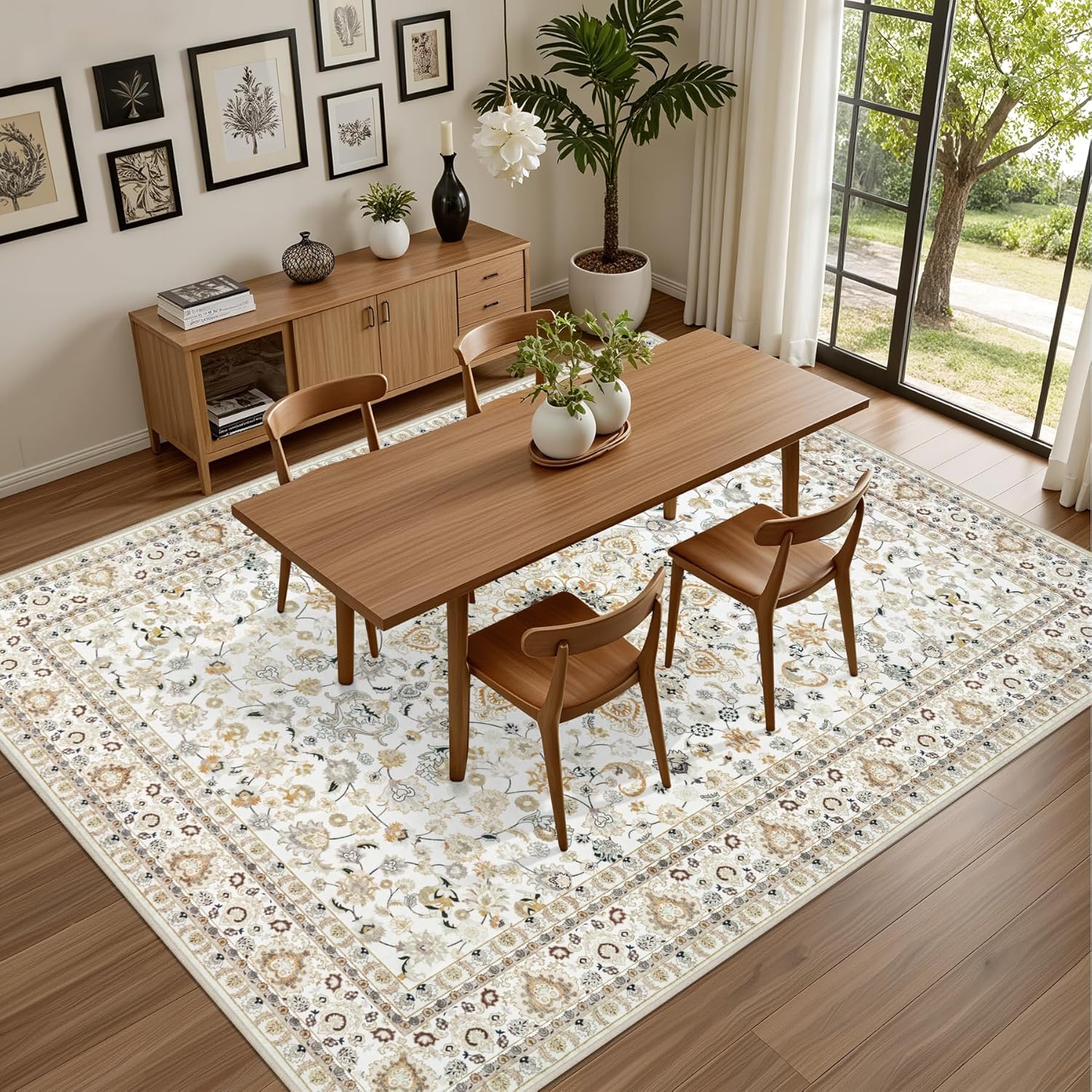 5x7 Area Rugs Living Room Rug: Washable Vintage Boho Rug No Slip Stain Resistant Soft Carpet Indoor Floor Floral Large Carpets for Bedroom Dining Room Farmhouse Nursery Hallway Home Office Beige - Image 5