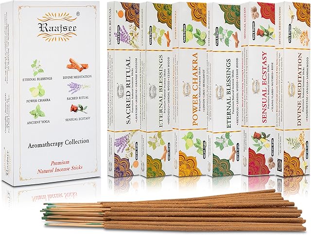raajsee Incense Sticks 6 Pack Variety Set 15gm Each,Divine Meditation-Power Chakra-Eternal Blessing-Sensual Ecstasy- Sacred Ritual- Ancient Yoga- Spa Collection 