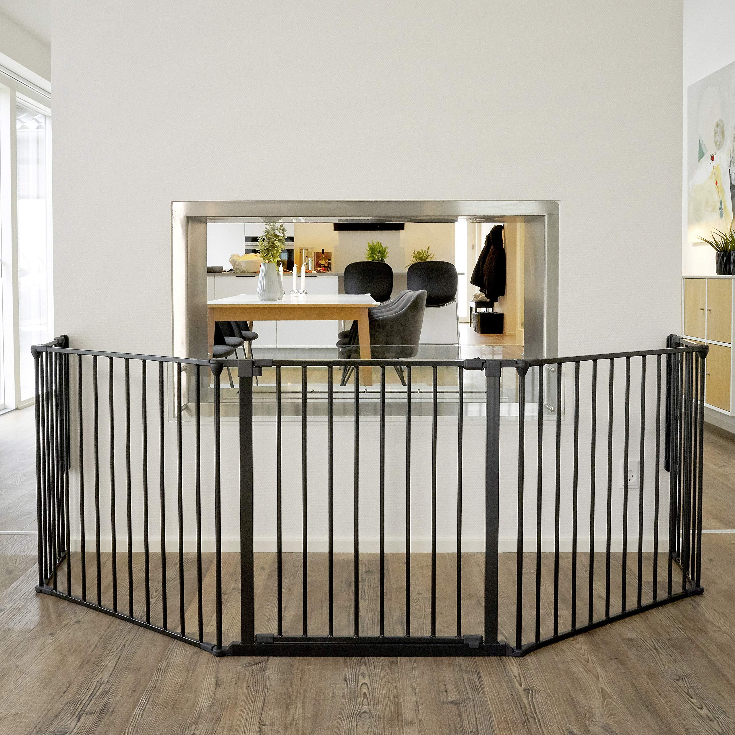 DOLLE Kaminschutzgitter Schwarz bis 278 cm - Ofenschutzgitter 5-teilig | TÜV-geprüftes Absperrgitter für Kamin und Treppe, 5 flexible Elemente inkl. Tür, auch als Laufstall oder Schutzgitter nutzbar