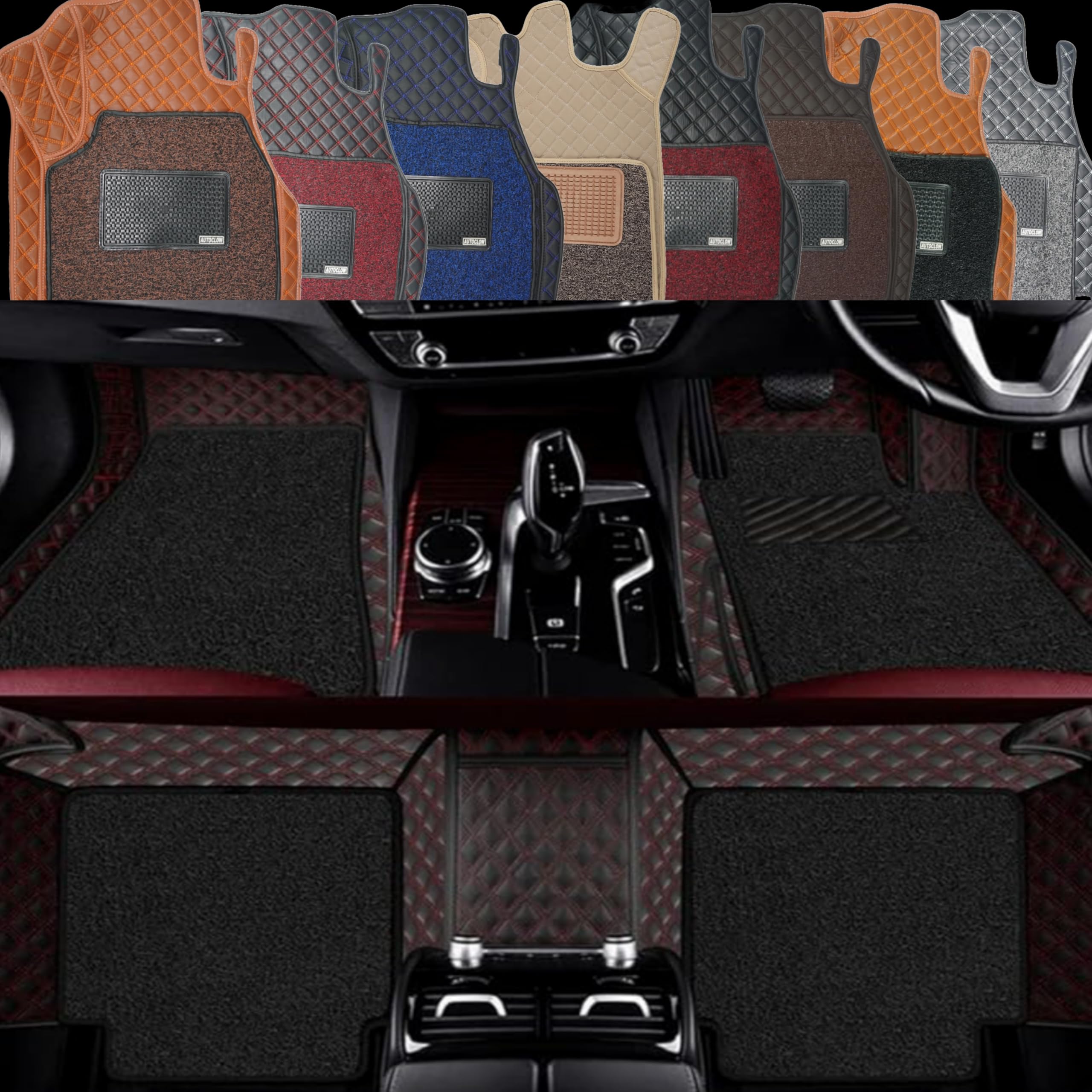 AutoClow Premium 7D Car Mat Full Set for Renault Kwid (Model : 2015-2025) || Luxury Leather Dual-Stitch Full Set 7D Car Floor Mat || 100% Waterproof || Color : Black-Red (Design-1)…