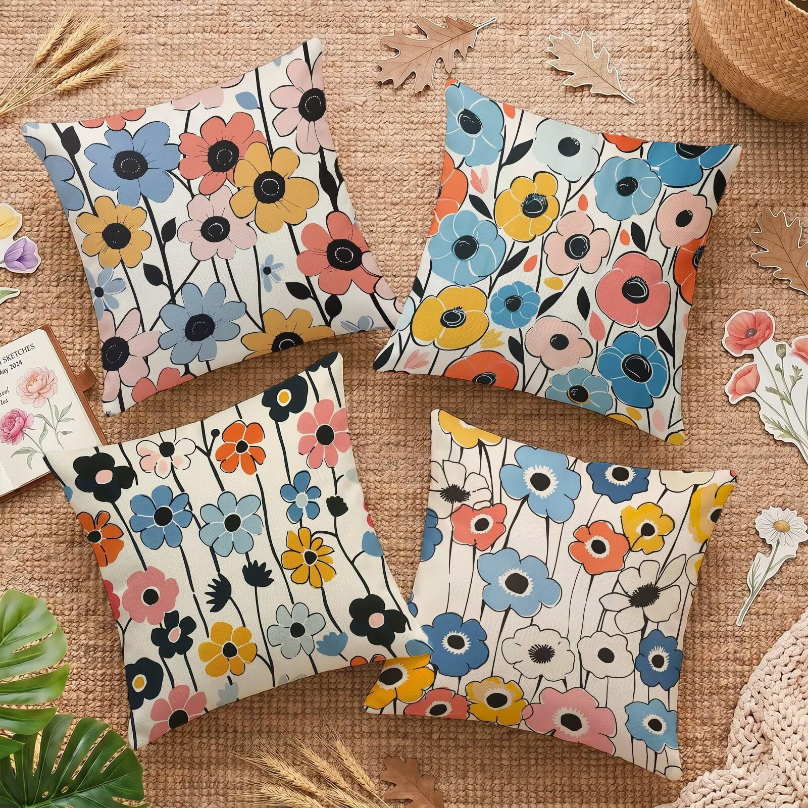 Housse de coussin pour salon de jardin et patio lot de 4 taies imperméables pavot abstrait