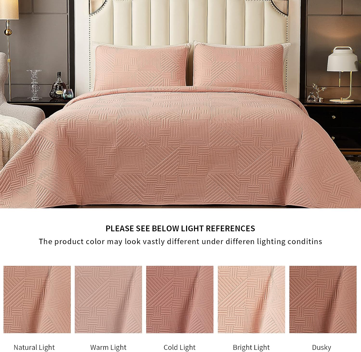 DONI Bedspread Set King Size Pink - 3 Pieces Reversible King Quilt Set Including 1 Quilt 2 Pillow Shams for All Season - Soft Lightweight Coverlet Set for Bedroom, Guest Room, Hotel Room