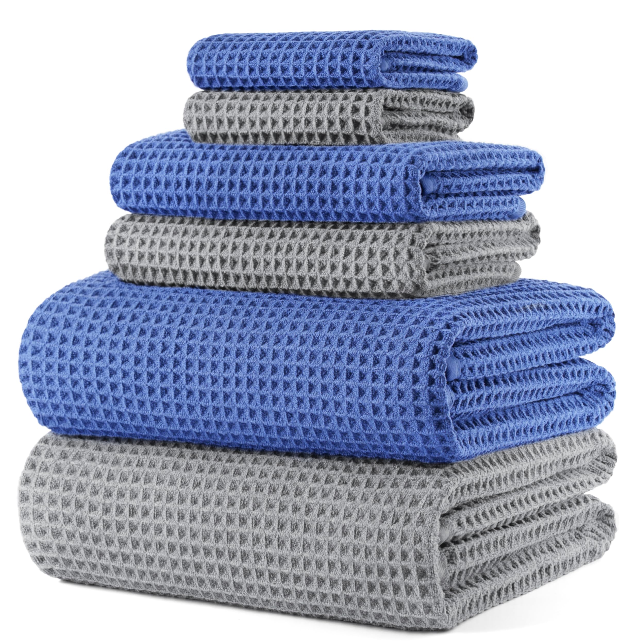 POLYTE 430 gsm Microfibre Quick Dry Lint Free Oversize Bath Towel Set, 6 Piece (Waffle Weave)