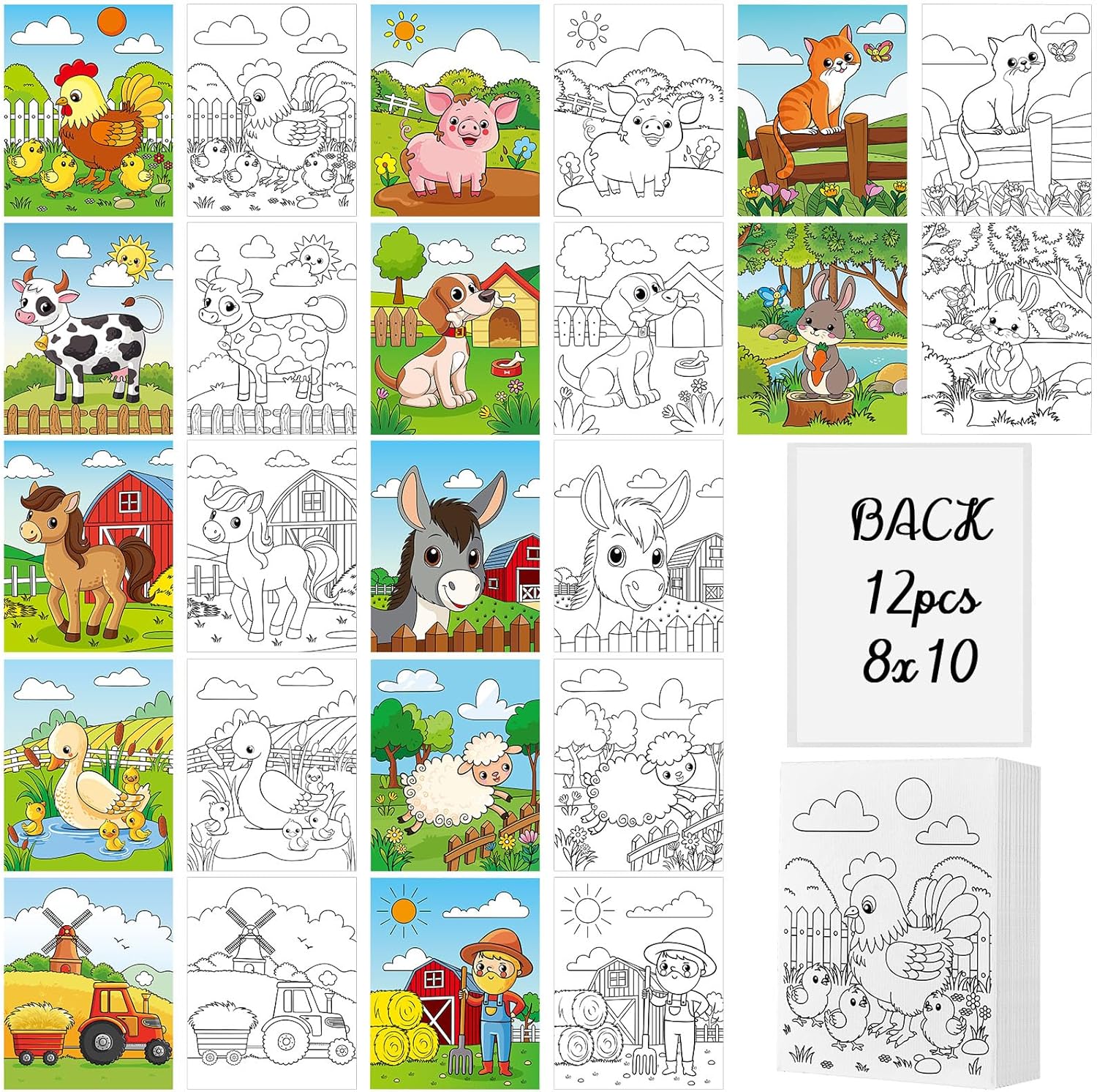 Ctosree 12 Pcs Pre Drawn Canvas for Painting for Boys Girls Pre Printed Cute Bulk Painting Canvas with Pictures to Paint Gift for Valentines Party Favor Activities(10" X 8",Farm Animals) Farm Animals 10" x 8"