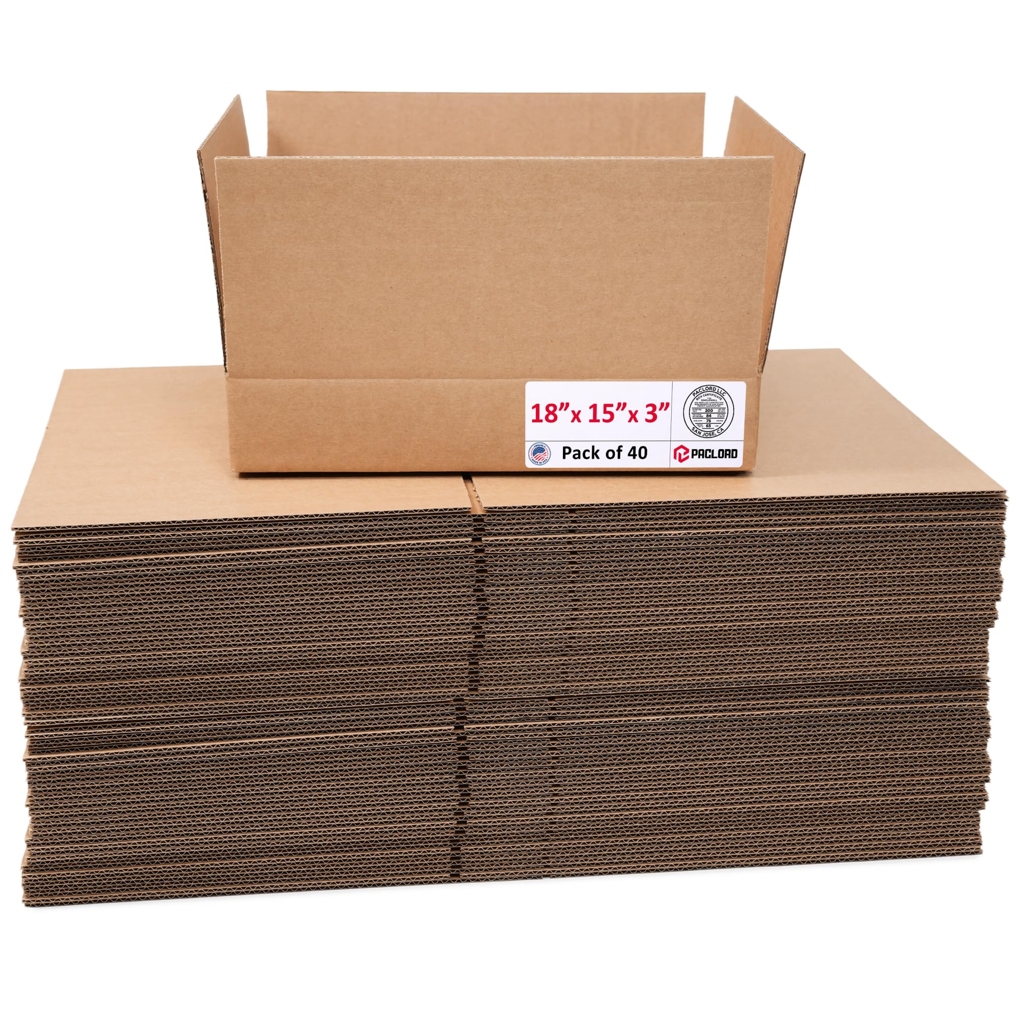 Flat Cardboard Boxes 18"L x 15"W x 3"H (Pack of 40) - USA-Made Packing Boxes for Moving, Shipping, or Storage - USPS, UPS, FedEx Approved - Professional Packing Supplies for Moving | USA-Made Packing Boxes for Moving, Shipping, or Storage - USPS, UPS, FedEx Approved - Professional Packing Supplies