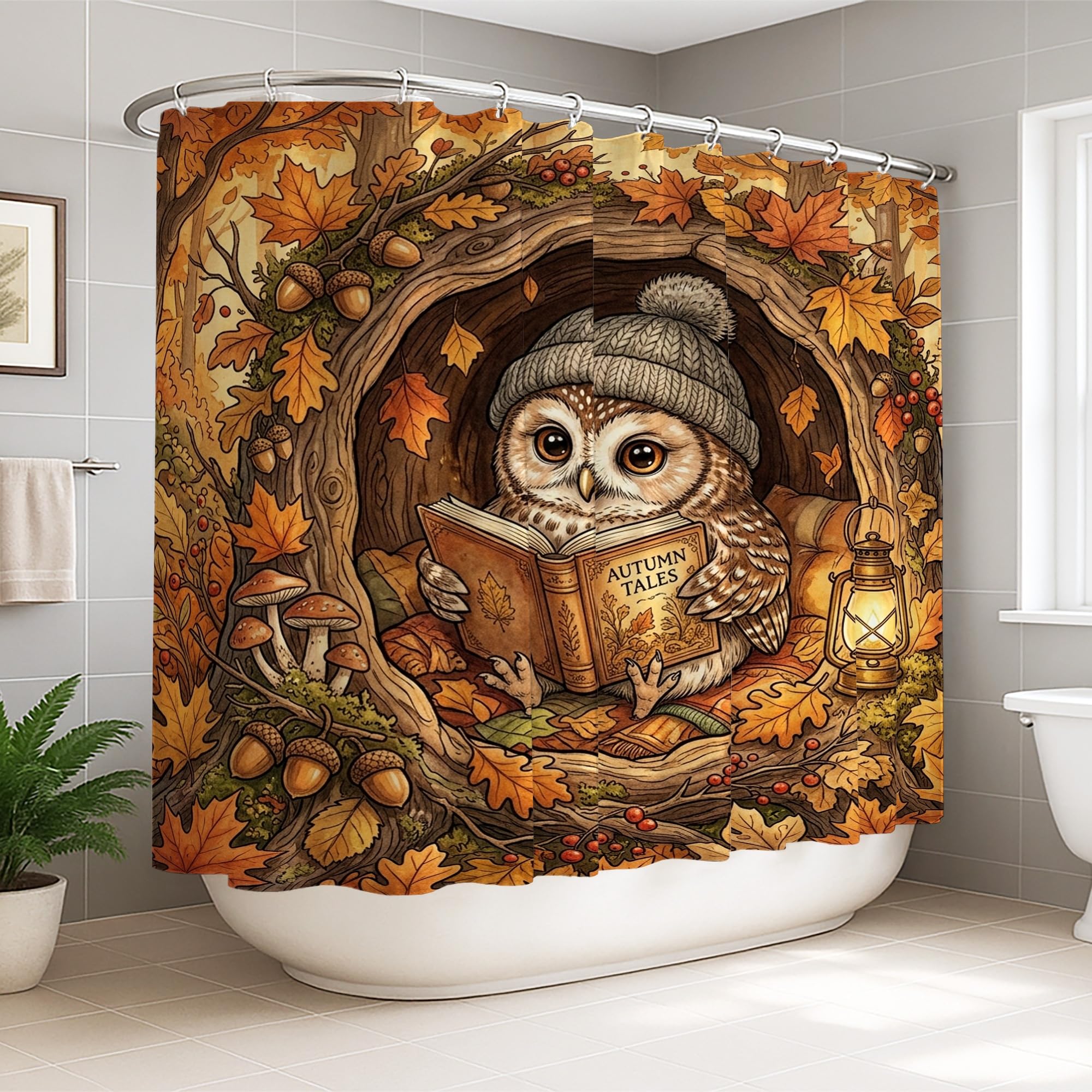 Rideau de douche extra large en tissu haut de gamme imperméable décor chouette nature