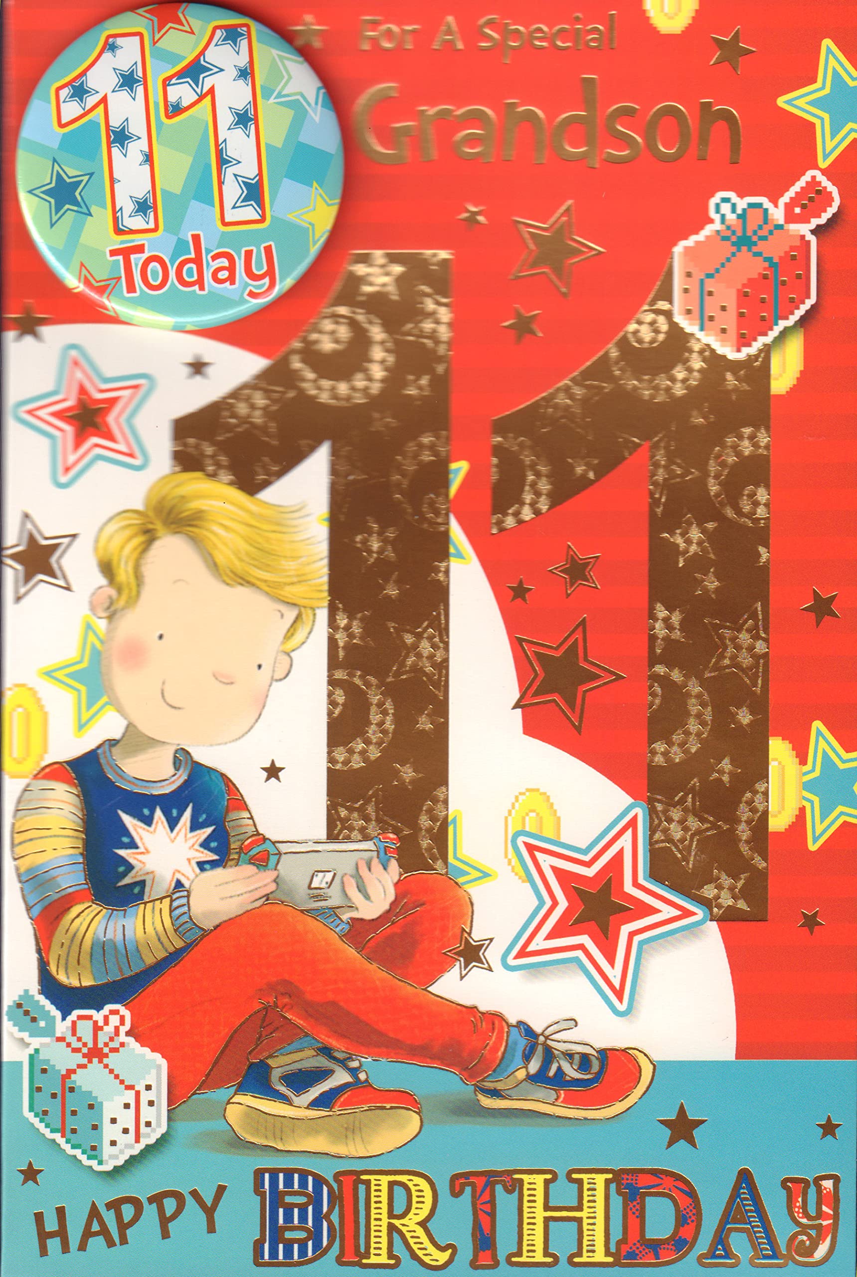 Biglietto Di Auguri Compleanno Per Nipote Di 7 Anni - Design Gaming Con Manopola E Fiamme, Interno Bianco, Oscar Finks - 4