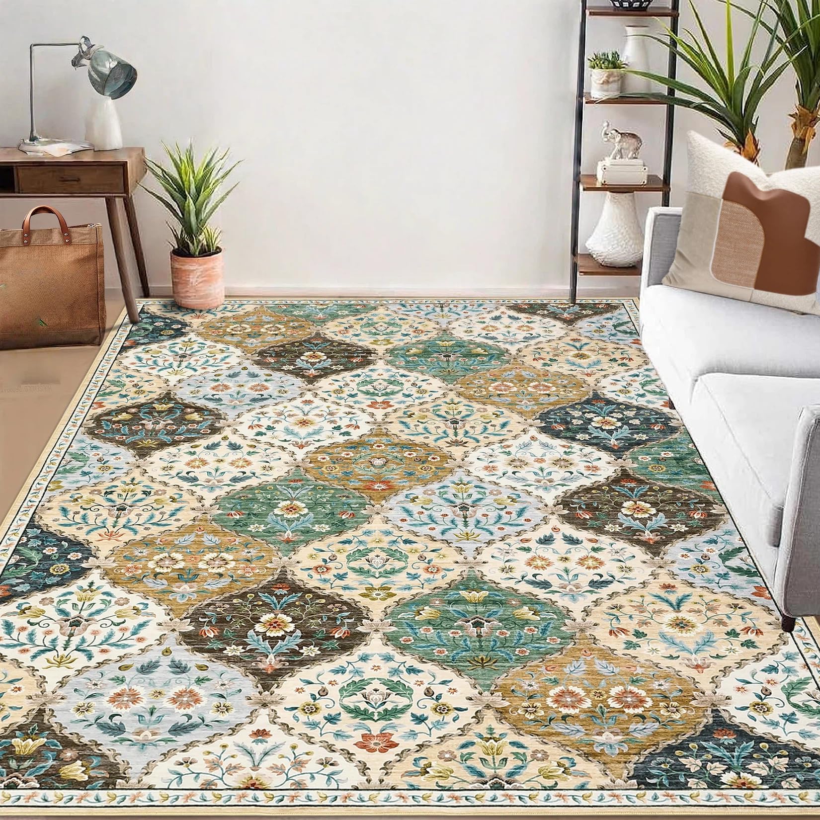 LuxFocus Washable Boho Rug Living Room 120x170 cm Non Slip Low Pile Beige — image 1