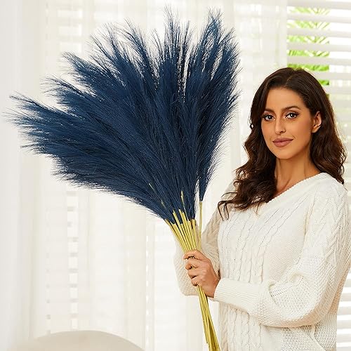 Miniatura 7 de Hierba azul de las pampas, 9 pompas artificiales florales esponjosas de 37 pulgadas 3.1 pies de alto, ramas de césped sintético grandes para
