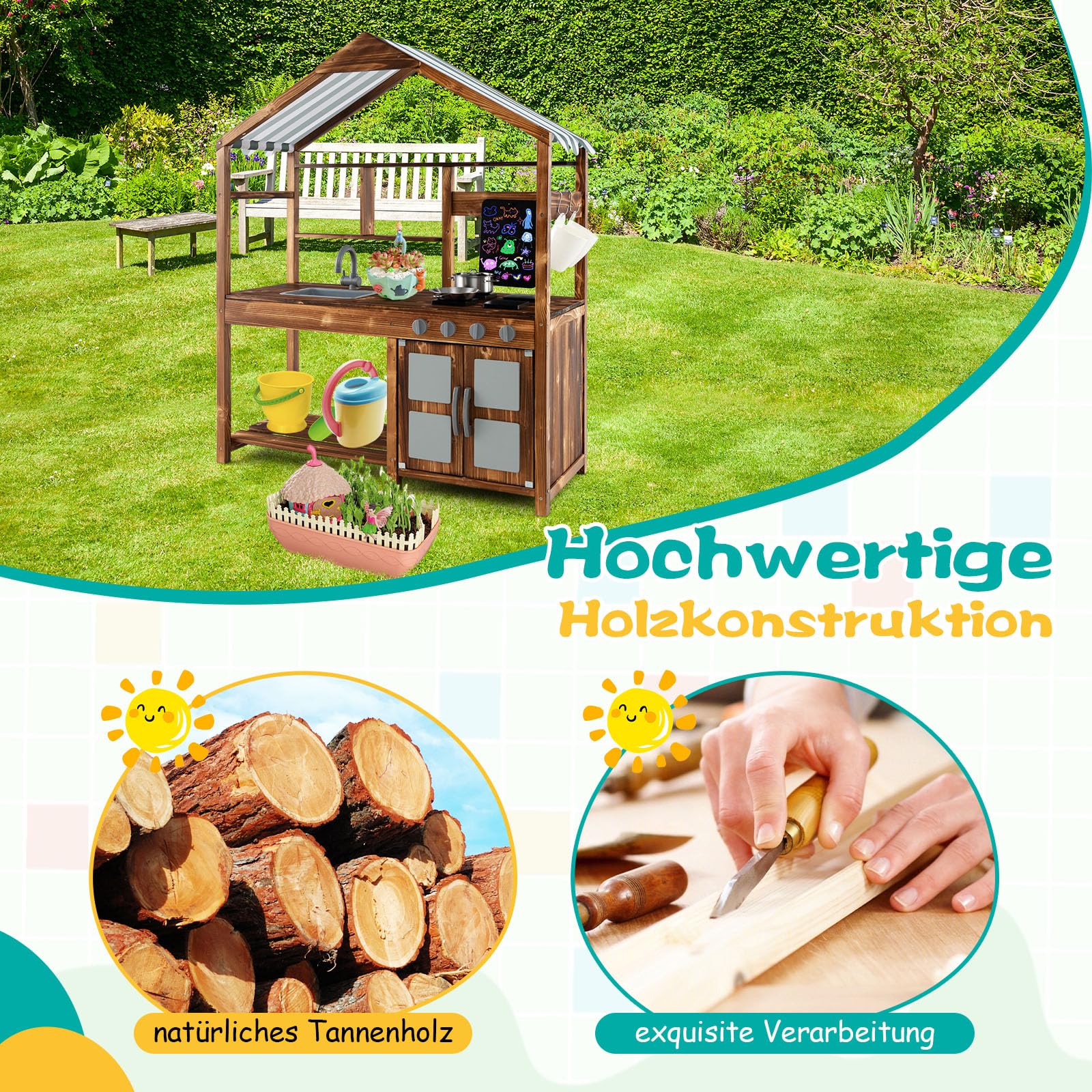 GOPLUS Matschküche Kinder Outdoor, Spielküche mit Vordach, Tafel, 4 Herdplatten, abnehmbarem Waschbecken & Küchenzubehör, Kinderküche Rollenspielküche mit Stauraum für Kinder ab 3 Jahren, Natur