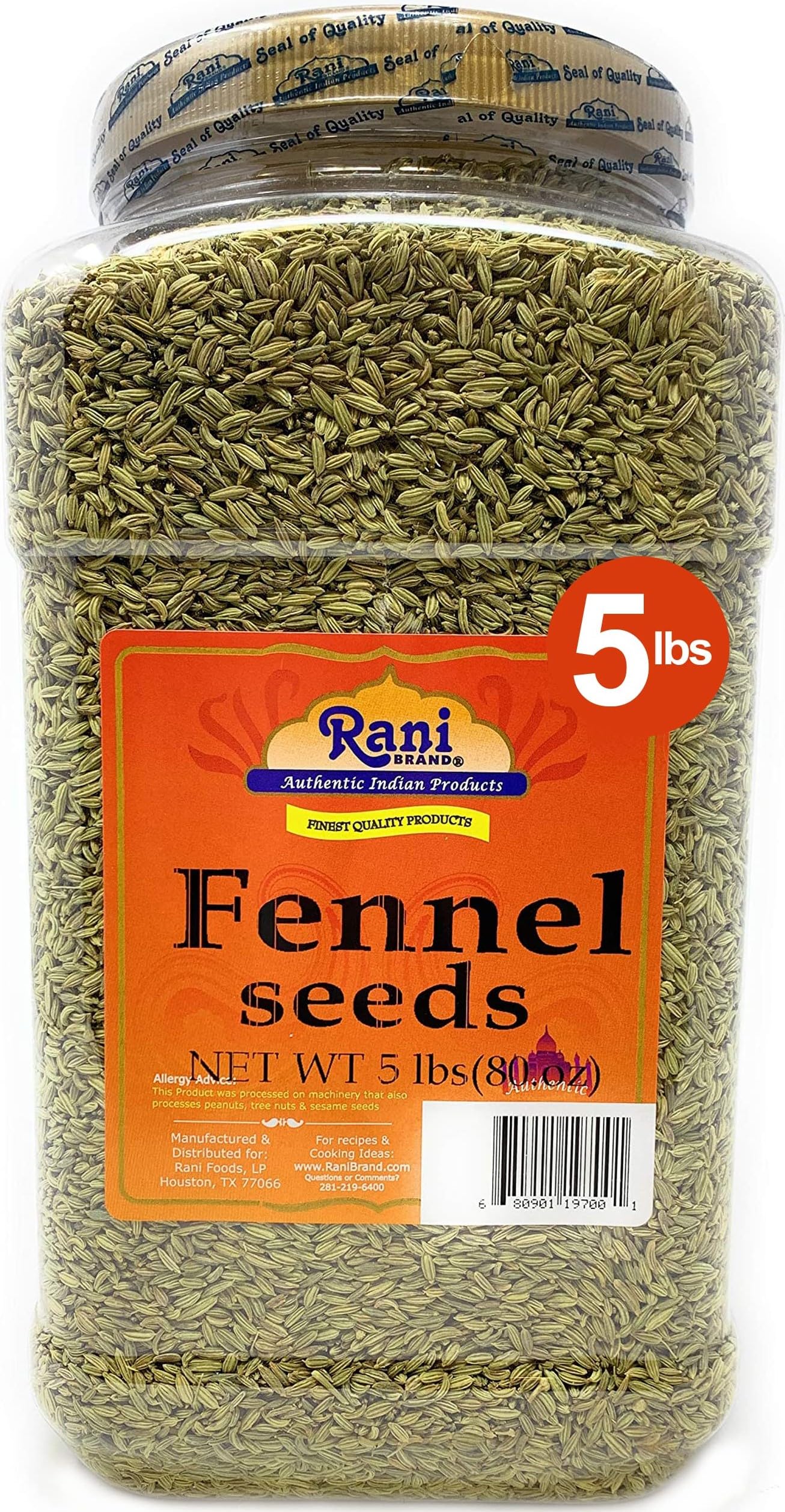 Rani Fennel Seeds (Saunf Sabut) Whole Spice 80oz (5lbs) 2.27kg Bulk PET Jar ~ All Natural | Gluten Friendly | NON-GMO | Vegan | Indian Origin