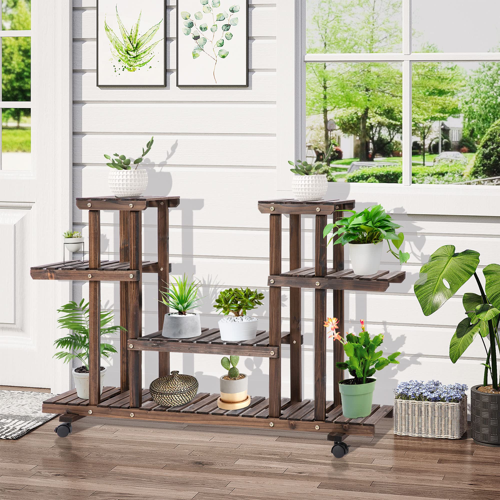 Outsunny 4-Etagen Pflanzenständer, 80cm hoch Blumenständer für Innen Außen, Pflanzenregal aus Holz, mehrstöckig Blumenregal, Blumentreppe Blumentopfständer für Wohnzimmer, Garten Balkon, Verkohlt