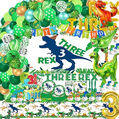 Three Dino Rex - Decoraciones para fiesta de cumpleaños, suministros para fiesta de cumpleaños de dinosaurios, niños de 3 años, incluye telón de
