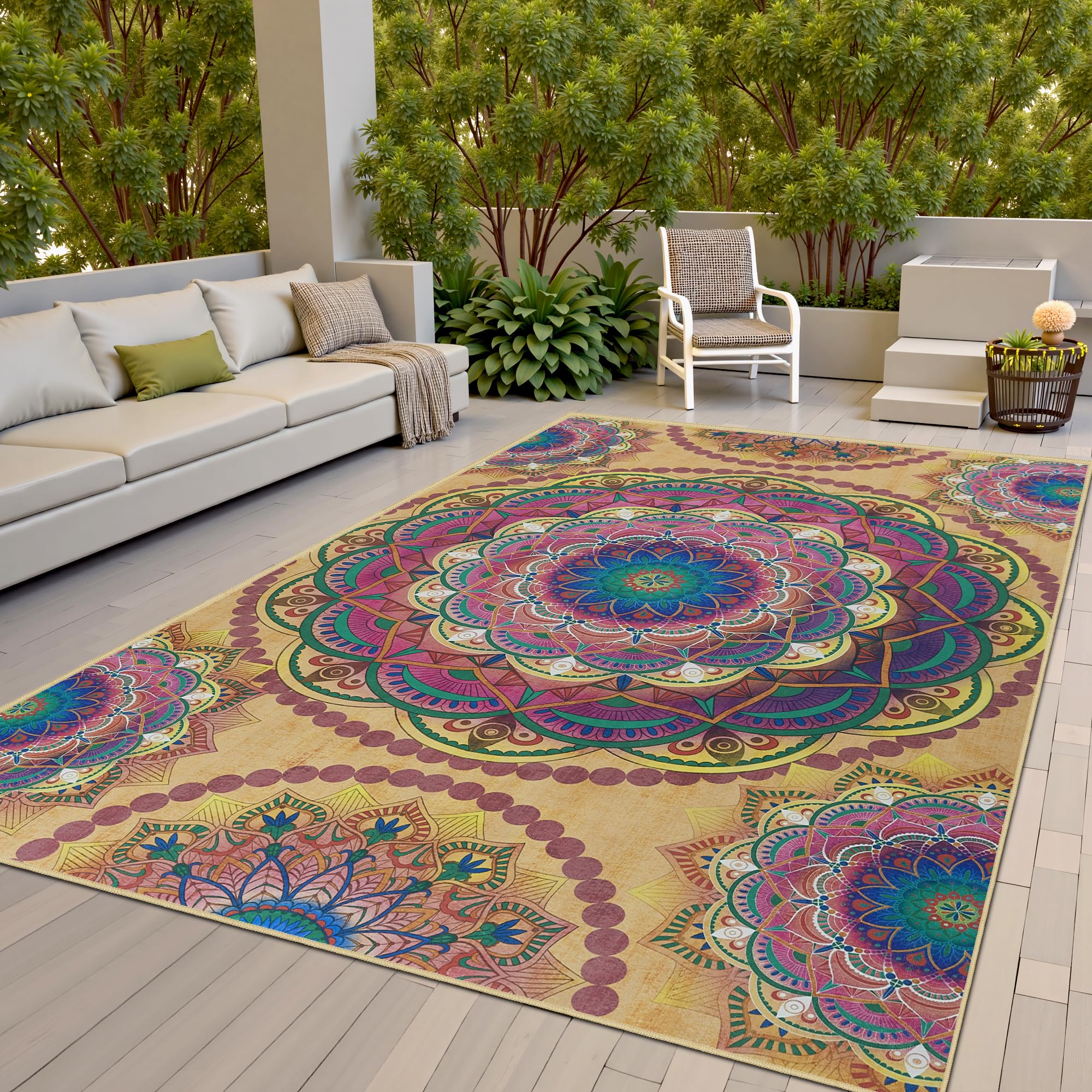 Arenarug Meditation Indoor Outdoor Rug 6x9 ft Mandala Pattern Rug Boho Style,Yoga Meditation Mat Picnic Rug for Patio Living Room Porch Garden Deck