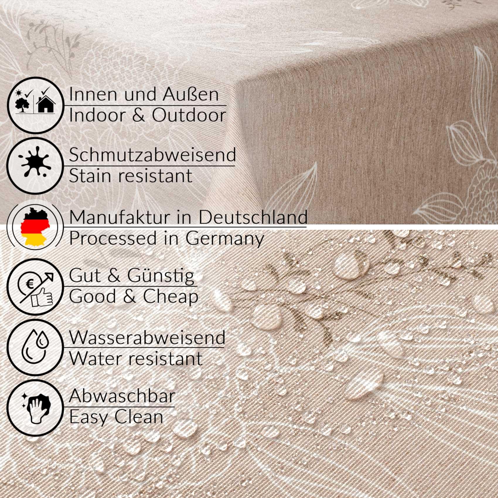 ANRO Tischdecke abwaschbar Japondi Beige mit Saum oval 220x140 cm