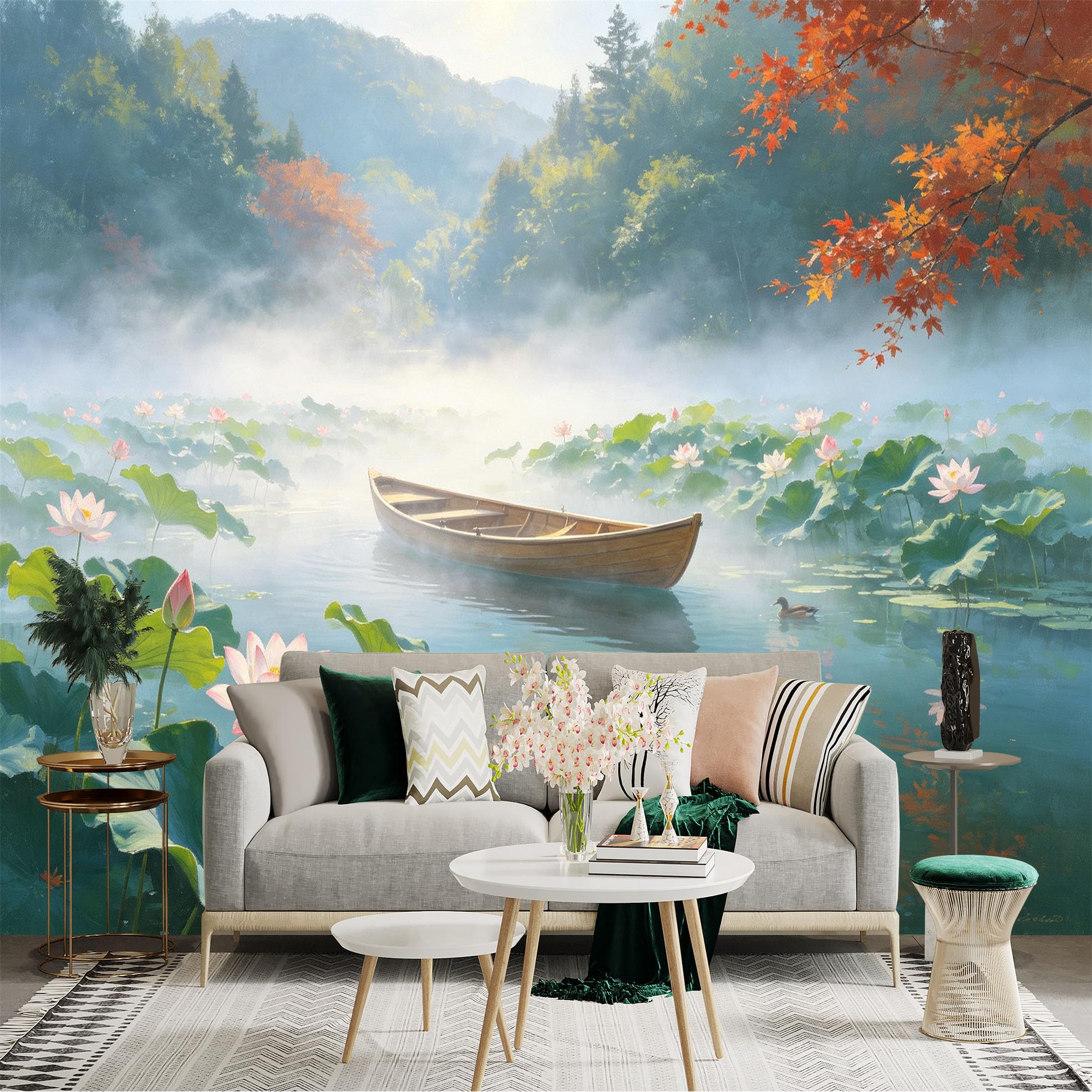 Custom Size Wall Sticker Mural， Wooden Boat on Misty Lotus Pond， Serene Autumn Forest Scenery， for wall Decoration， peelandstick wall Decals.