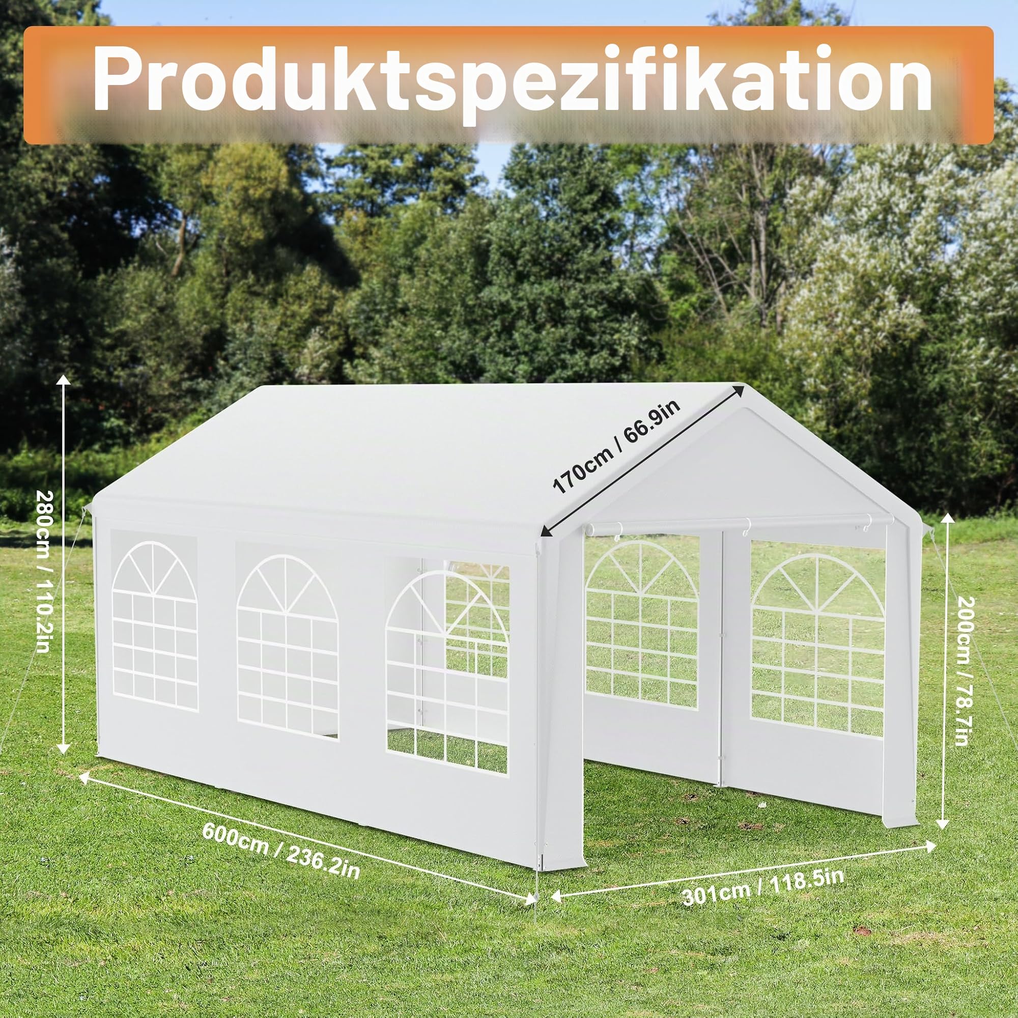 FIVMEN Pavillon Partyzelt 3x6 m mit 4 Abnehmbaren Seitenwänden Wasserdicht Stabil Winterfest Sonnenschutz Gartenpavillon Party Zelt Gartenzelt, Weiß