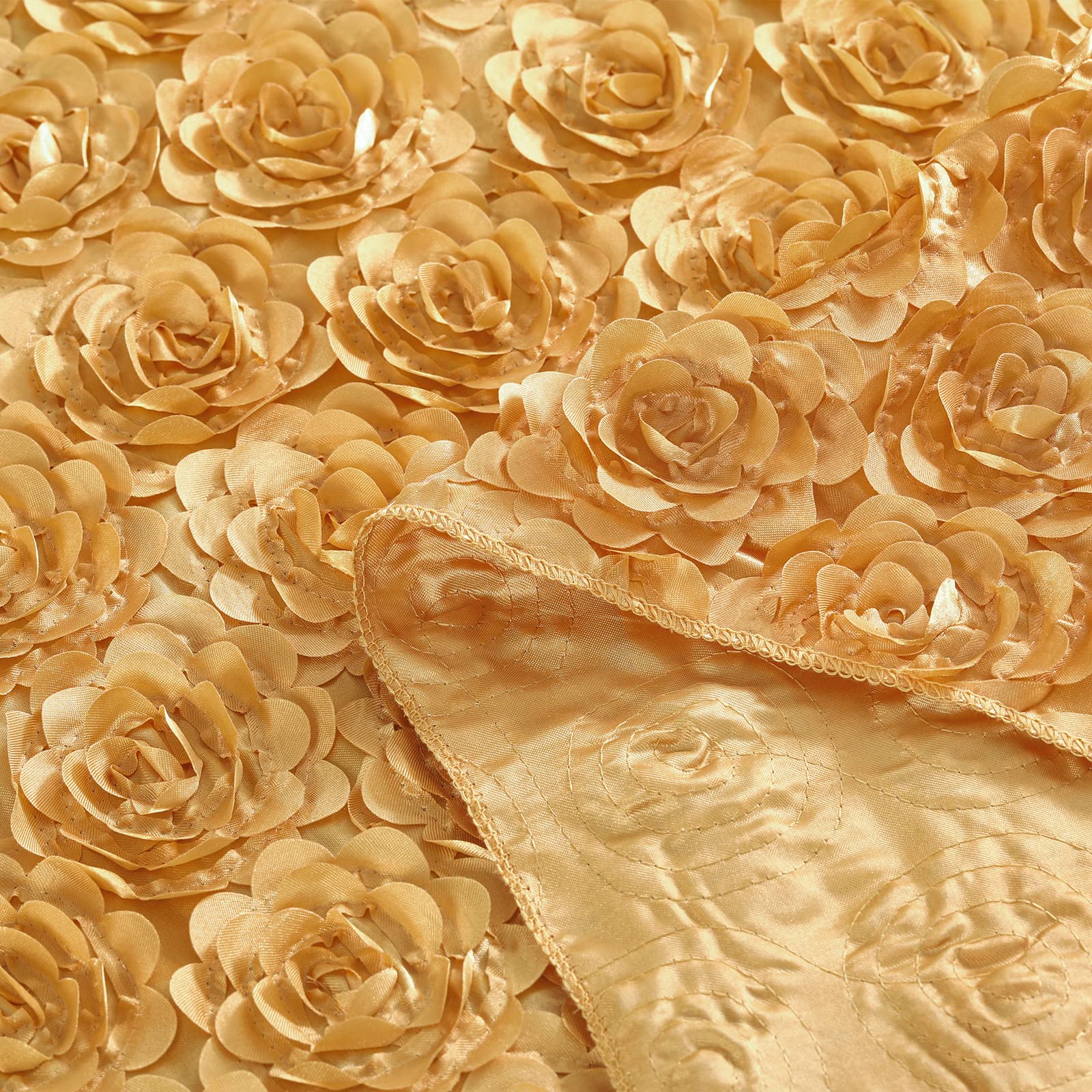 Fanqisi Obrus na stół z rozetami, 127 x 250 cm, złoty, prostokątny, satyna 3D, podwyższony obrus na urodziny, baby shower, wesele, imprezę, ciasto, dekoracja stołu