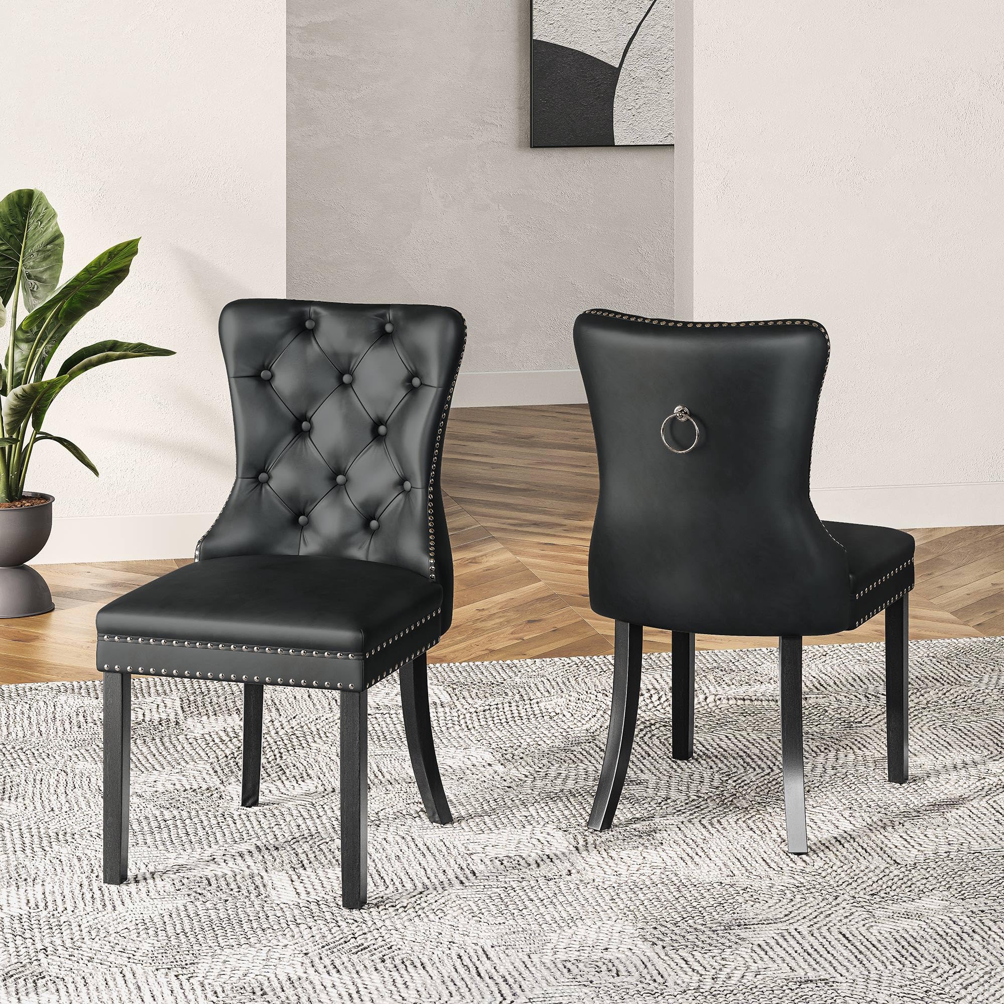 BELLEZE Upholstered Dining Chairs Set of 2, Faux Leather Luxury Dining Room Chairs with Button Back, Nailhead Trim, Pull-Ring, Solid Wood Legs for Kitchen, Living Room, Restaurant - Chandler (Black)