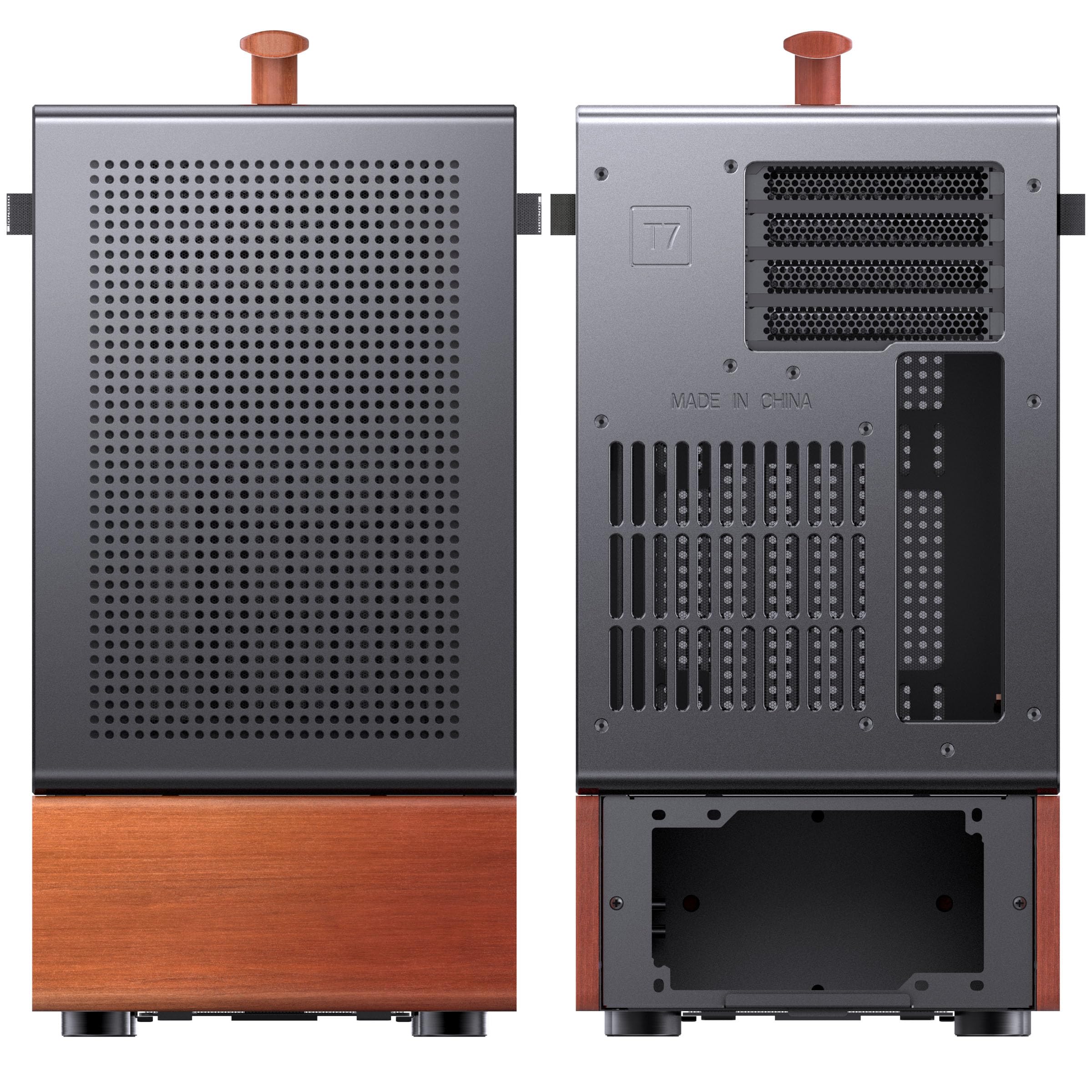 Jonsbo T7 Micro-ATX PC-Gehäuse – Schwarz | mATX Case mit Aluminium & Holzgriff, Tempered Glass, Zwei-Kammer-Design, USB-C