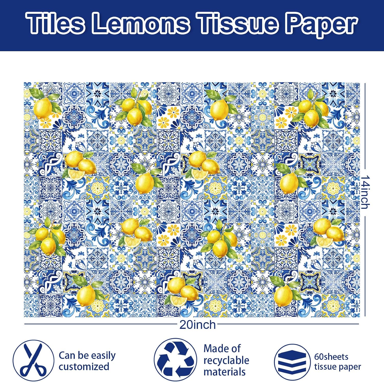 JarThenaAMCS 60 Sheets Capri Lemon Tissue Paper Blue Tiles Yellow Lemons Wrapping Paper for Summer Amalfi Coast Party Decorations DIY Crafts Supplies, 14 x 20 Inch