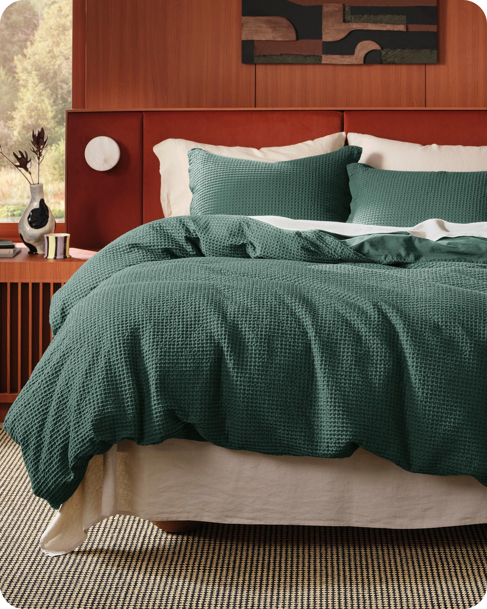 Bedsure Cotton Duvet Cover Queen - 100% Cotton Waffle Weave Forest Green Duvet Cover Queen Size, GentleSoft™ and Breathable Bedding Set for All Season