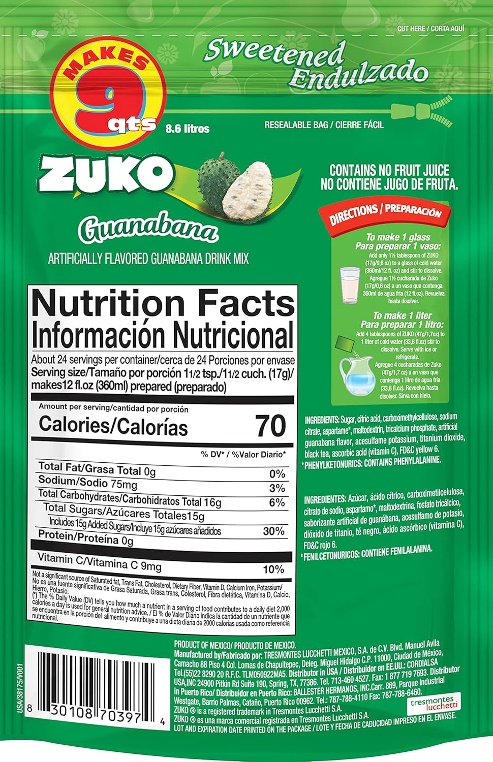 ZUKO Guanabana Instant Powder Drink, No Sugar Needed, Family Pack 14.1 Oz (Pack of 6)