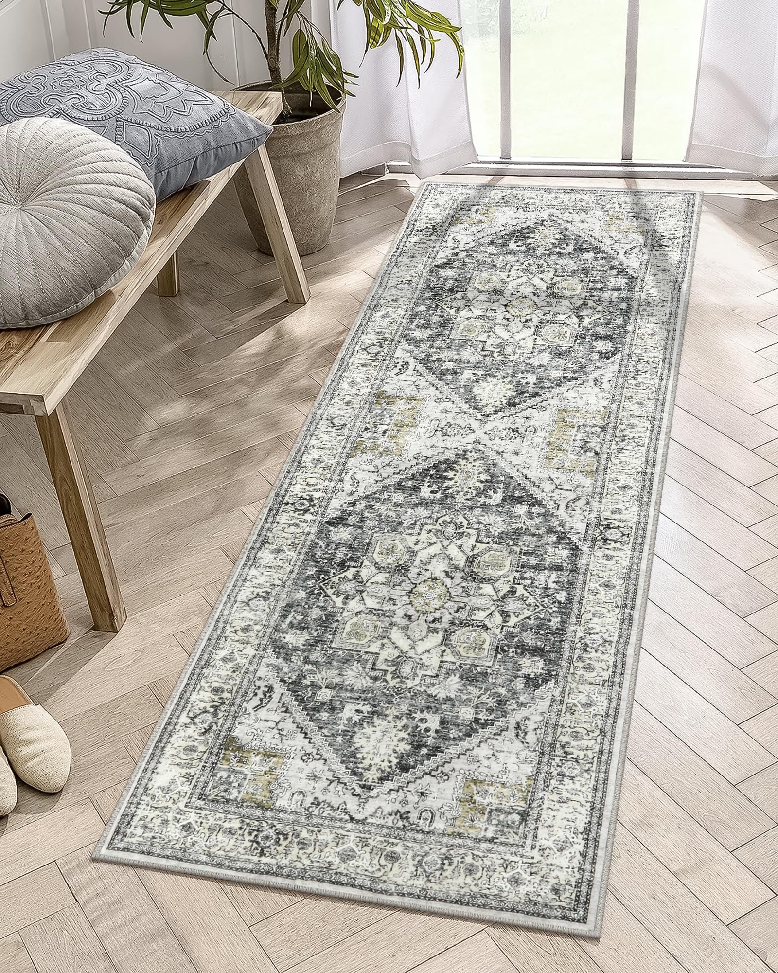 LIVEBOX Washable Runner Rug 2x6 - Boho Kitchen Rug Runner Long Entryway Rug, Low-Pile Vintage Rug for Bedroom, Non-Skid Soft Carpet Throw Rug for Bathroom Laundry Room Hallway Grey/Green
