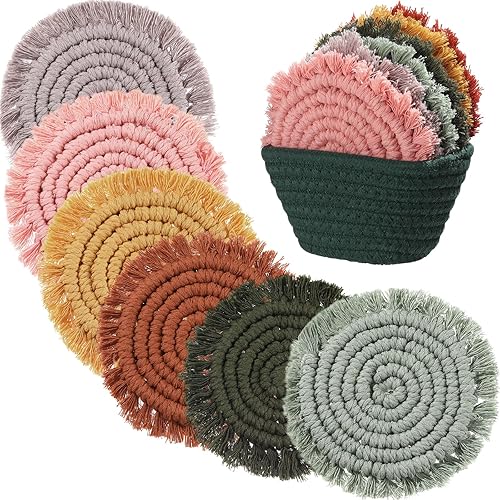 6 posavasos para bebidas, absorbentes de algodón, estilo bohemio, tejidos, estilo rural, con borlas, macramé, con soporte, regalo de inauguración de