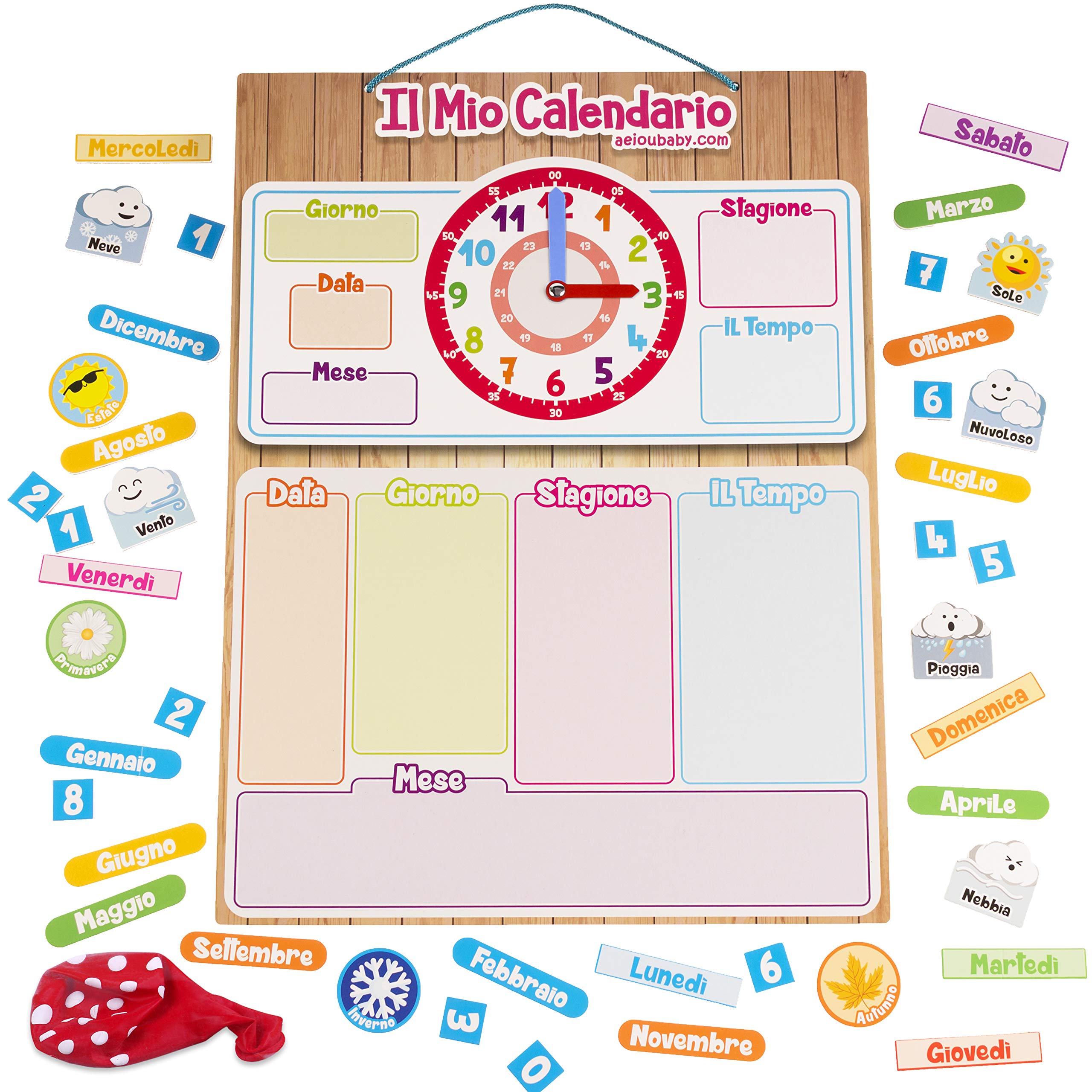 CALENDARIO OROLOGIO magnetico per bambini, Gioco educativo Data Tempo e Ora per Parete o Frigorifero, 43x32cm. Scatola ideale come regalo di compleanno per bambini a scuola o asilo nido (Italiano)