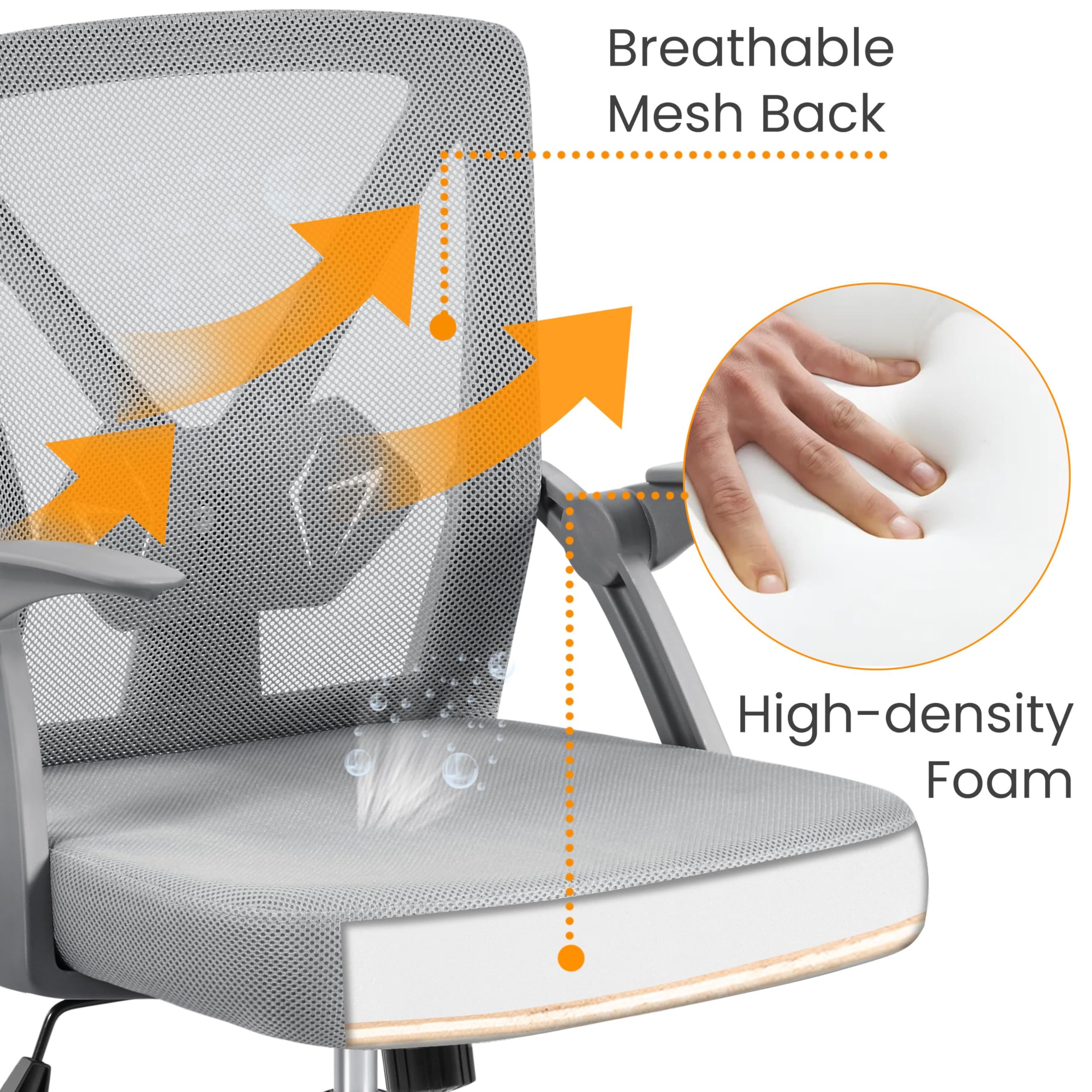Yaheetech Bürostuhl Schreibtischstuhl mit hochklappbare Armlehnen, Drehstuhl aus Mesh, Office Chair Ergonomic, erstellbaren Lendenwirbelstütze, Wippfunktion, höhenverstellbar Grau