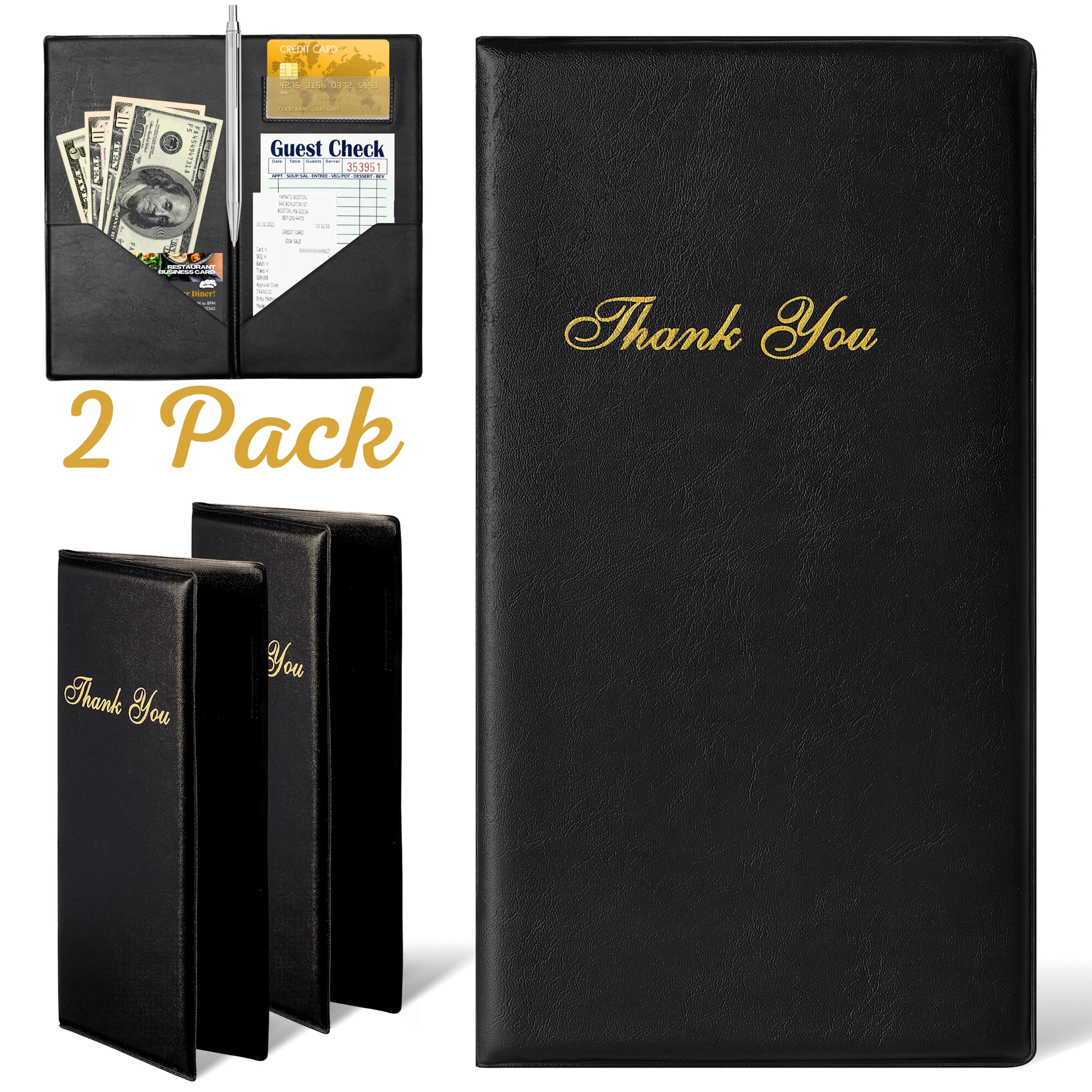 DIHOOPIO Restaurant Check Presenters, Guest Check Card Holder with Gold Imprint - Check Presenters for Restaurants, Check Presenters for Servers, 5.5" x 10" (2)