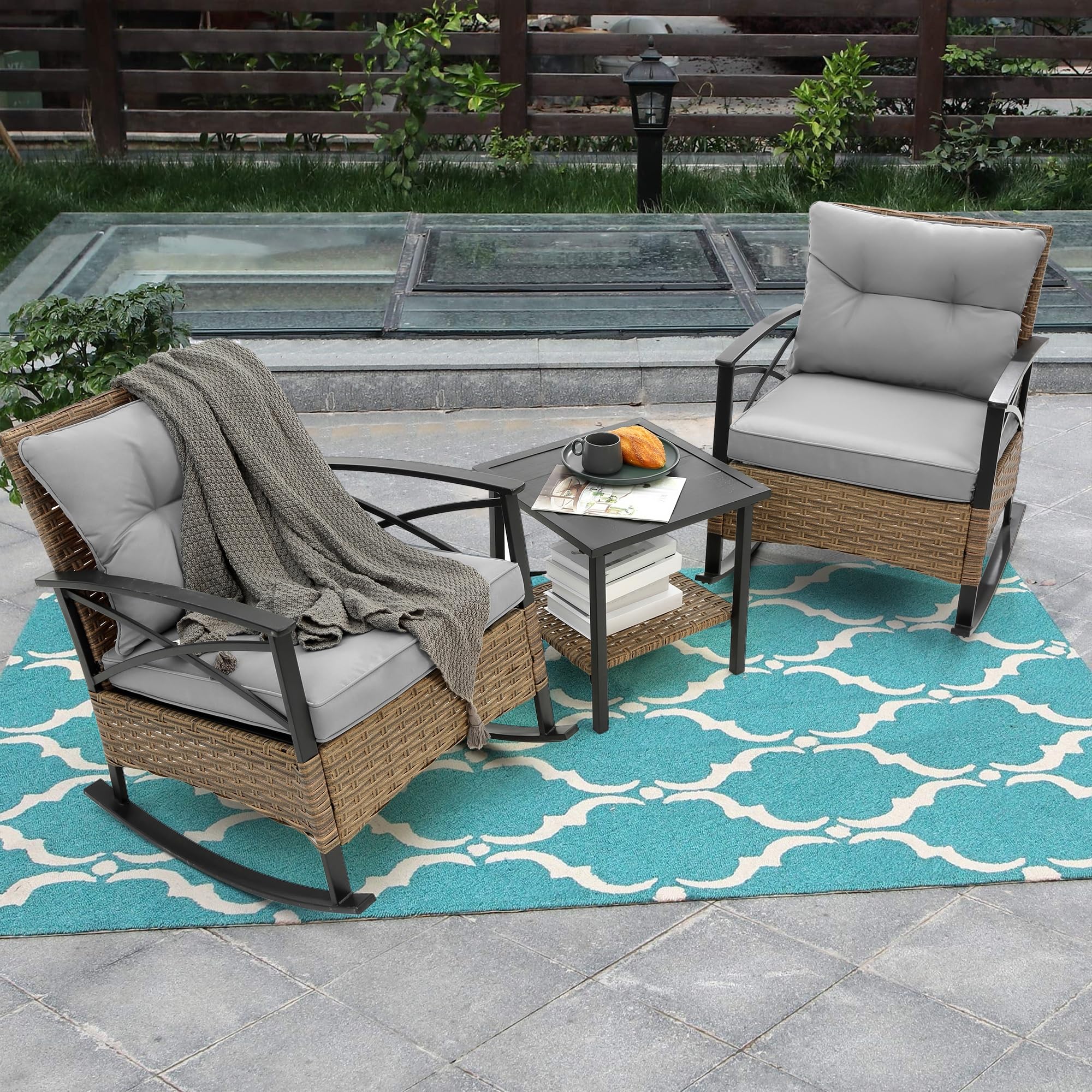 SEALODY 3 Pieces Rocking Chair Set, Patio Conversation Set with 2 Metal and Rattan Rocking Chairs and 1 Steel Table for Garden, Poolside (Grey)