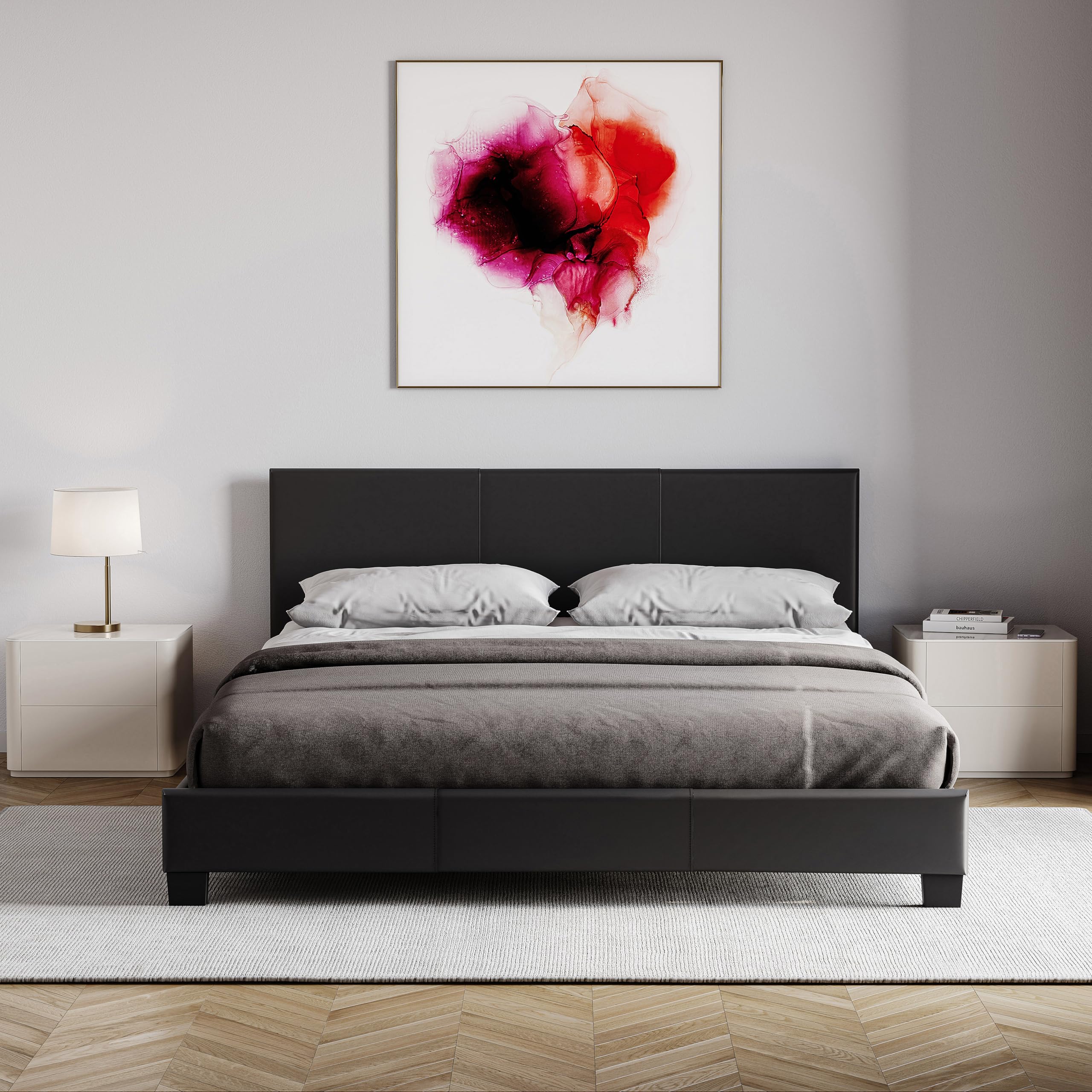 Vida Designs Lisbon Double Bed Frame with Mattress | Black | 77 H X 142 W x 198 D cm | Faux Leather | Padded Headboard | Low Foot End | Space Saving | UKFR | Modern Bedroom Furniture