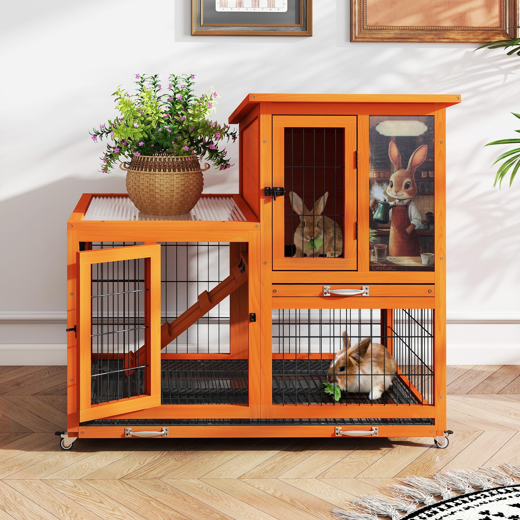 Summer Island 2-Tire Rabbit Hutch Indoor on Wheels, 99 x 60.5x 93 cm Wooden Guinea Pig Hutch Rabbit Run, Bunny Cage Small Animal House with 2 Removable Trays, Ramp (Orange)