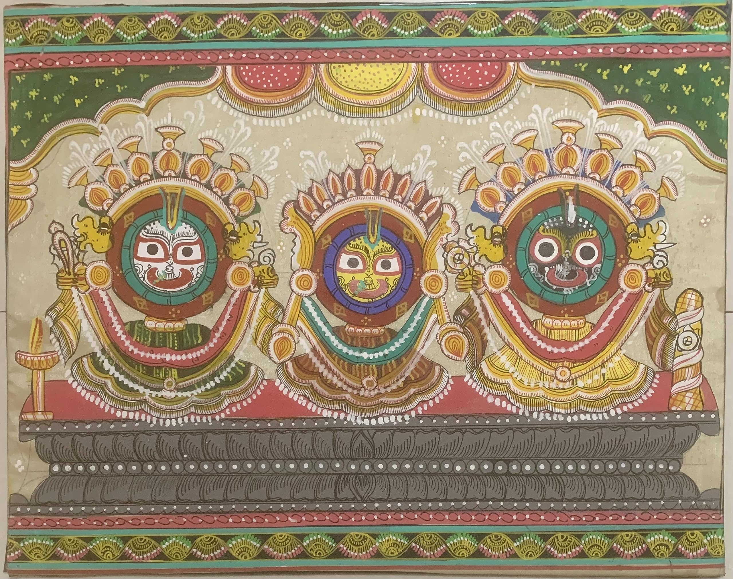 Idols of Jagannath Puri Pattachitra (Cloth Painting). Suna Vesa, from Pipli Odisha~ 21" W x 15" H, SEMI-FRAMED