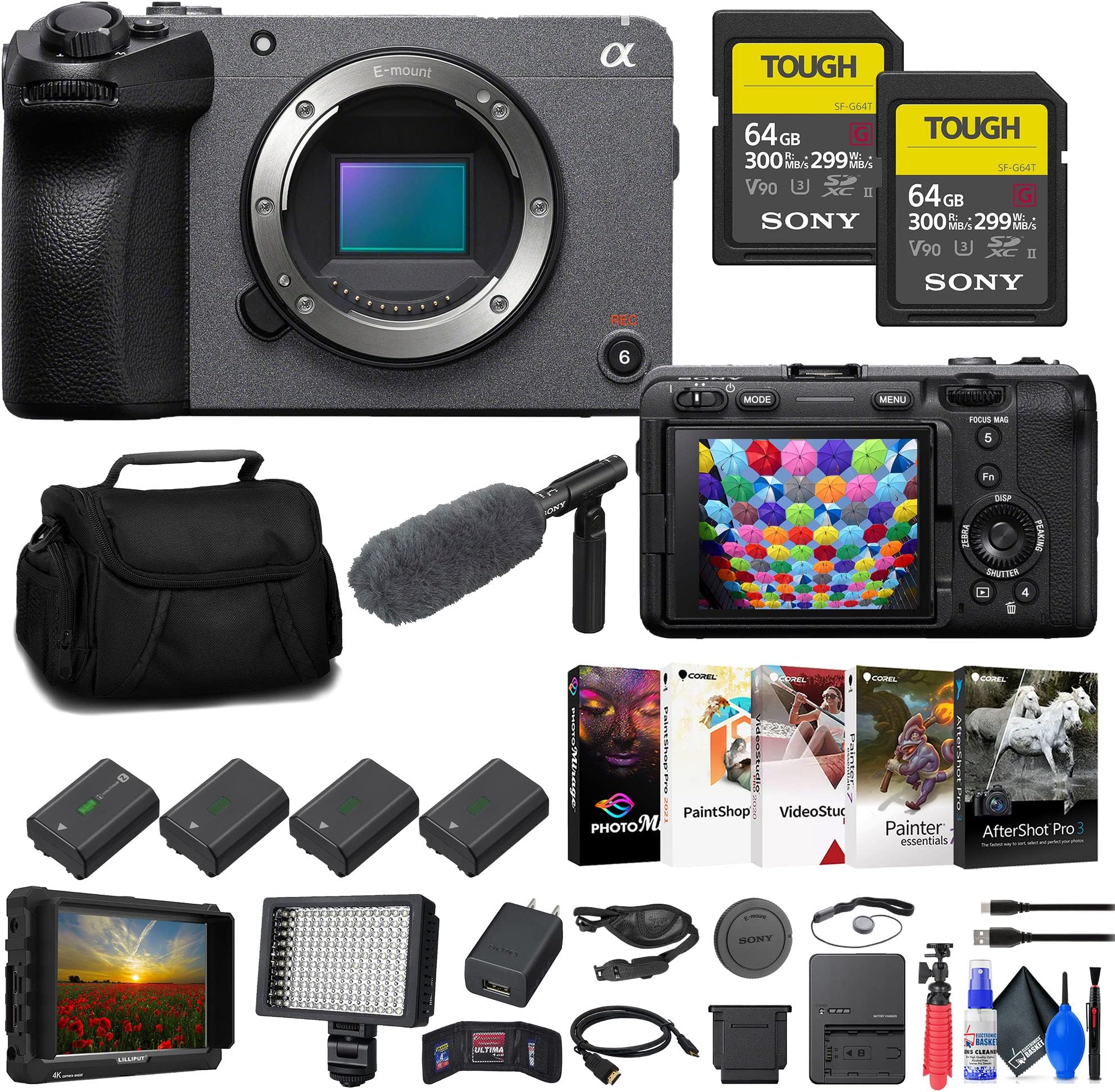 Sony FX30 Digital Cinema Camera (ILME-FX30B) + 4K Monitor + 2 x 64GB SF-G Tough Card + Pro Mic + Bag + 3 x NP-FZ100 Compatible Battery + LED Light + Charger + Corel Photo Software + More (Renewed)