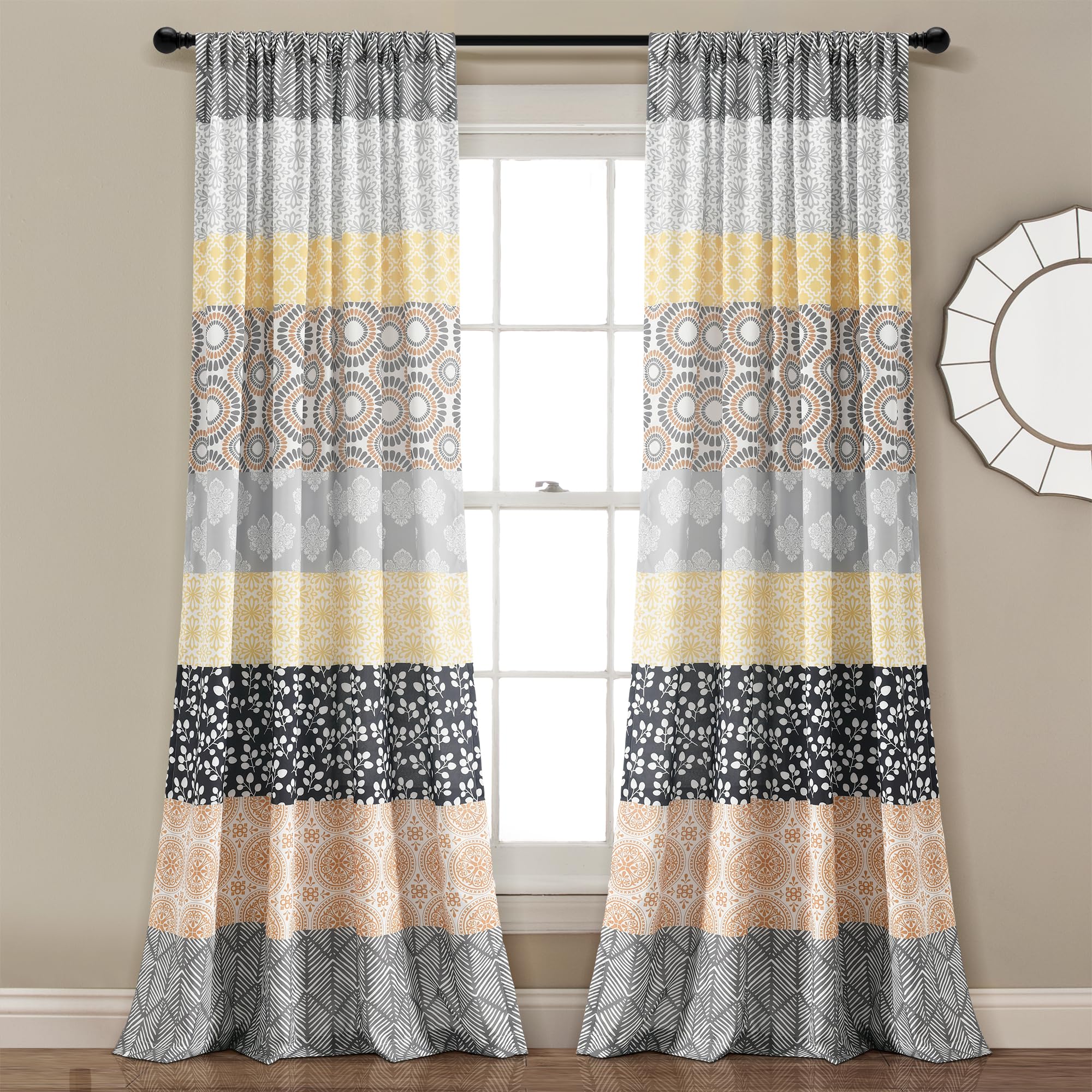 Lush Decor Bohemian Stripe Window Curtain Panel Pair, 84" L x 52" W, Yellow & Gray