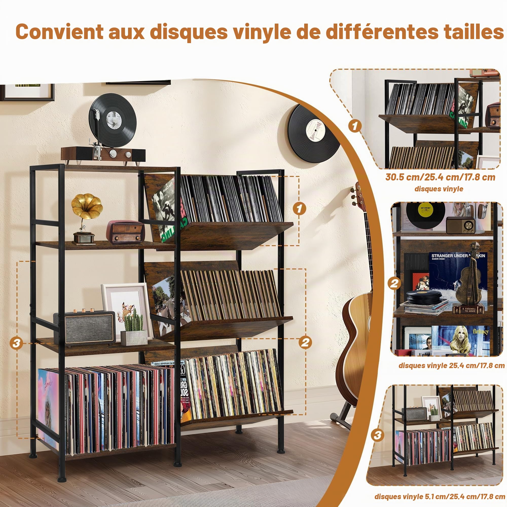 TQVAI Grand support de lecteur de disques vinyles pouvant contenir 200 albums, table tournante avec étagères de rangement, 3 étagères en bois, vitrine