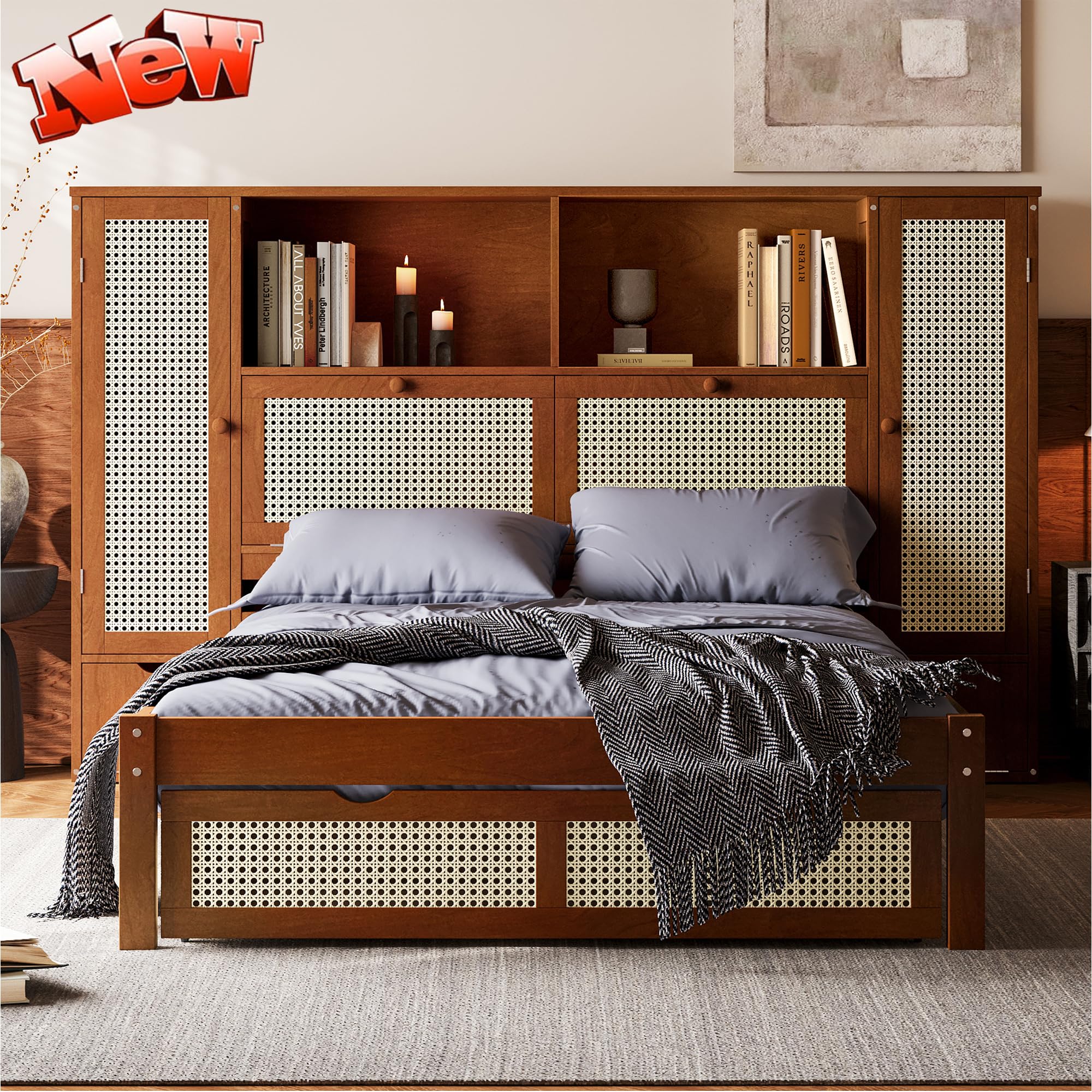 Harper & Bright Designs Twin Size Platform Bed with 2 Storage Lockers, Wood Twin Size Bed with Drawer, and Storage Shelf on Headboard, Multifunctional Platform Bed with Natural Rattan, Walnut(incomplet box 2 of 2)