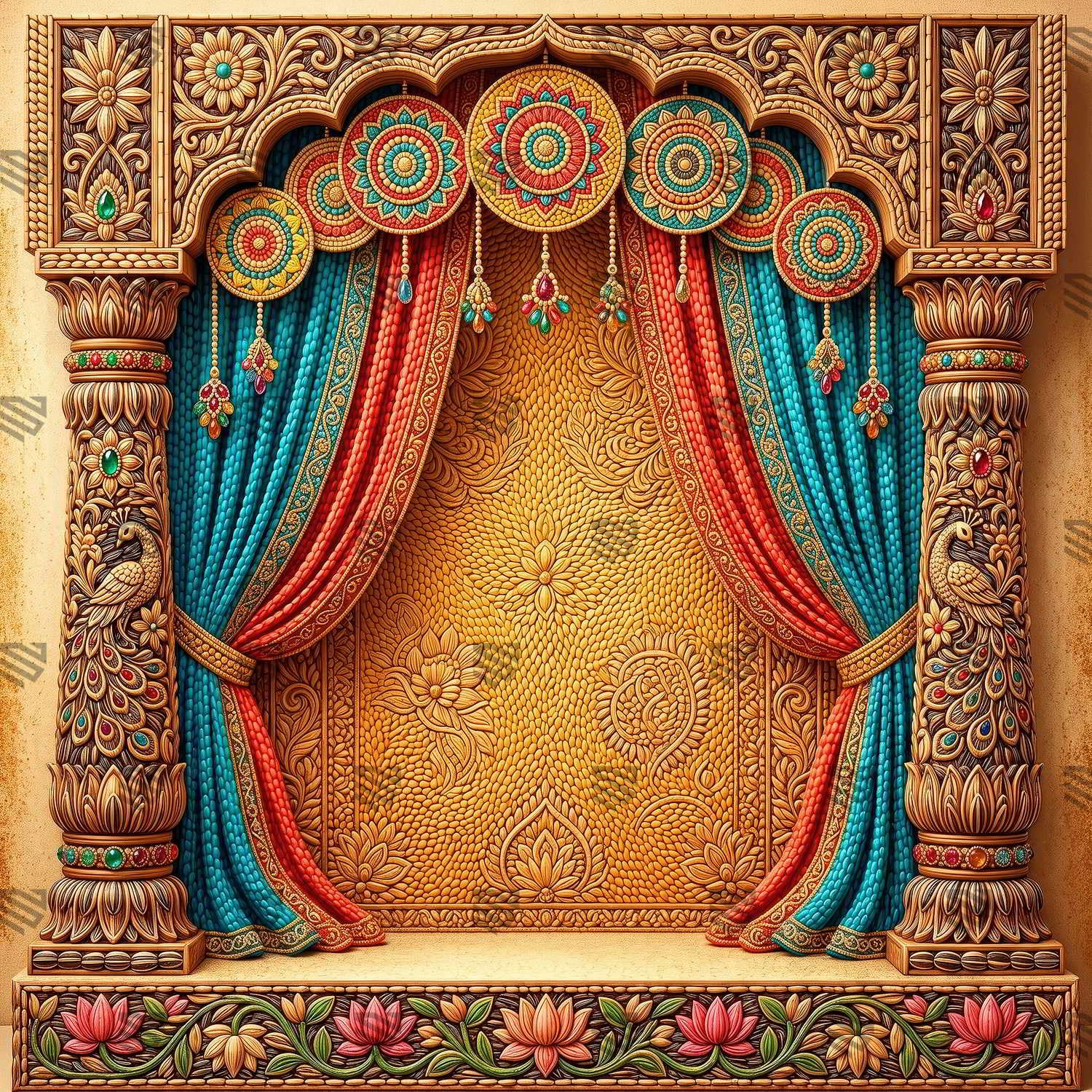 Vrindavan Rang Mahal Radha Krishna Decoration Backdrop | Janmashtami Decorative Background Banner for Temple, Home Pooja, Festival & Event Decoration | 5 x 5 Ft-image-15