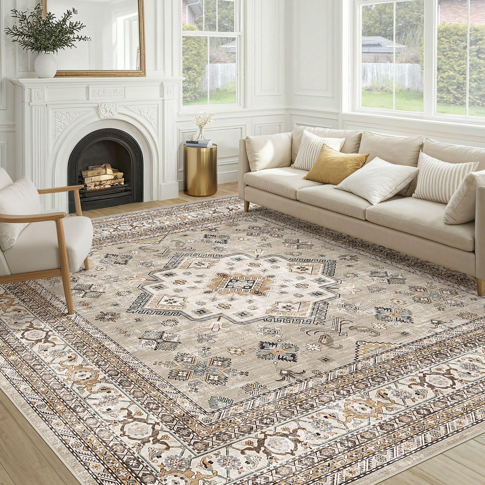 cotiled 8x8 Area Rug for Living Room, Washable, Traditional, Beige โ image 1