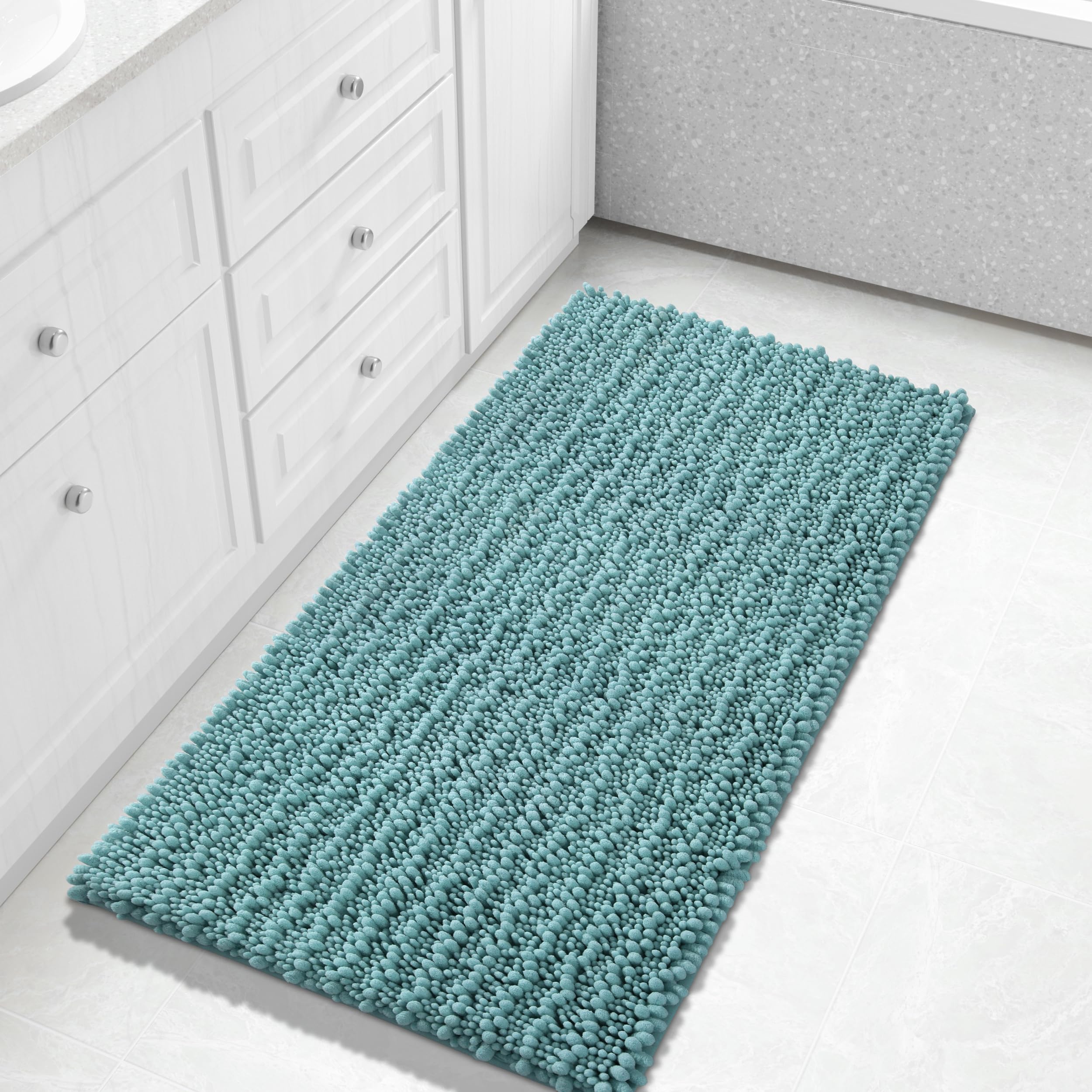 Yimobra Long Bathroom Rugs Non Slip Washable 44x24 Inch - Ultra Soft Absorbent Chenille Bath Mat, Quick Dry Shaggy Floor Carpet for Tub Shower, Teal