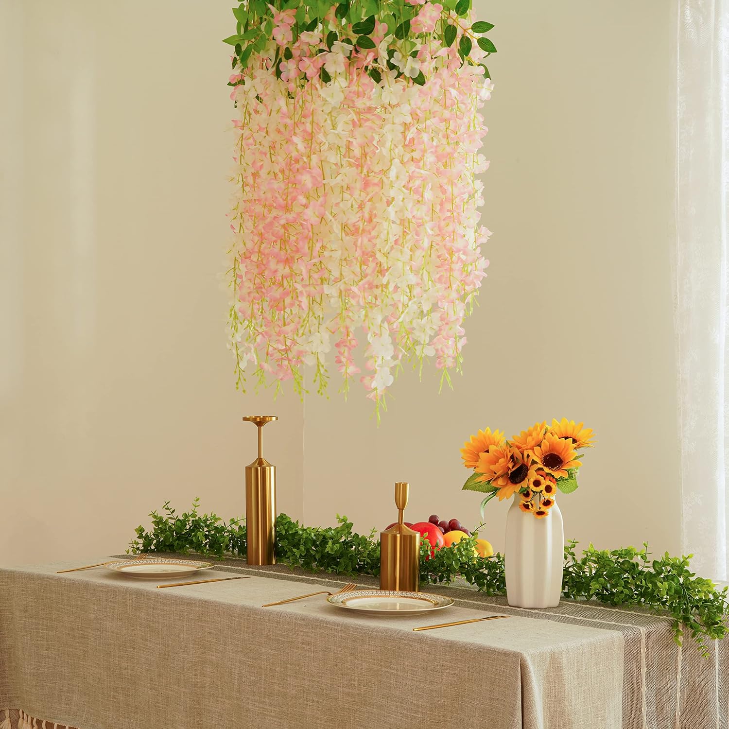 BLEUM CADE 20Pcs White & Pink Fake Wisteria Hanging Flowers, 3.6Ft/Pcs Artificial Wisteria Garland, Hanging Flowers for Wedding Party Home Backdrop Wall Decoration