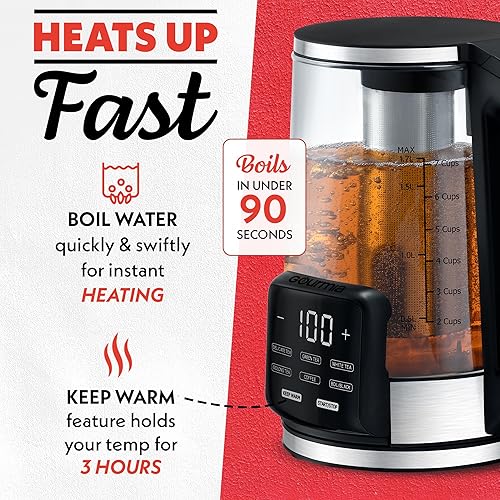 Miniatura 5 de Gourmia Hervidor eléctrico de vidrio programable  1.7L Control de temperatura Hervidor de té y café con pantalla táctil digital, 6 preajustes,