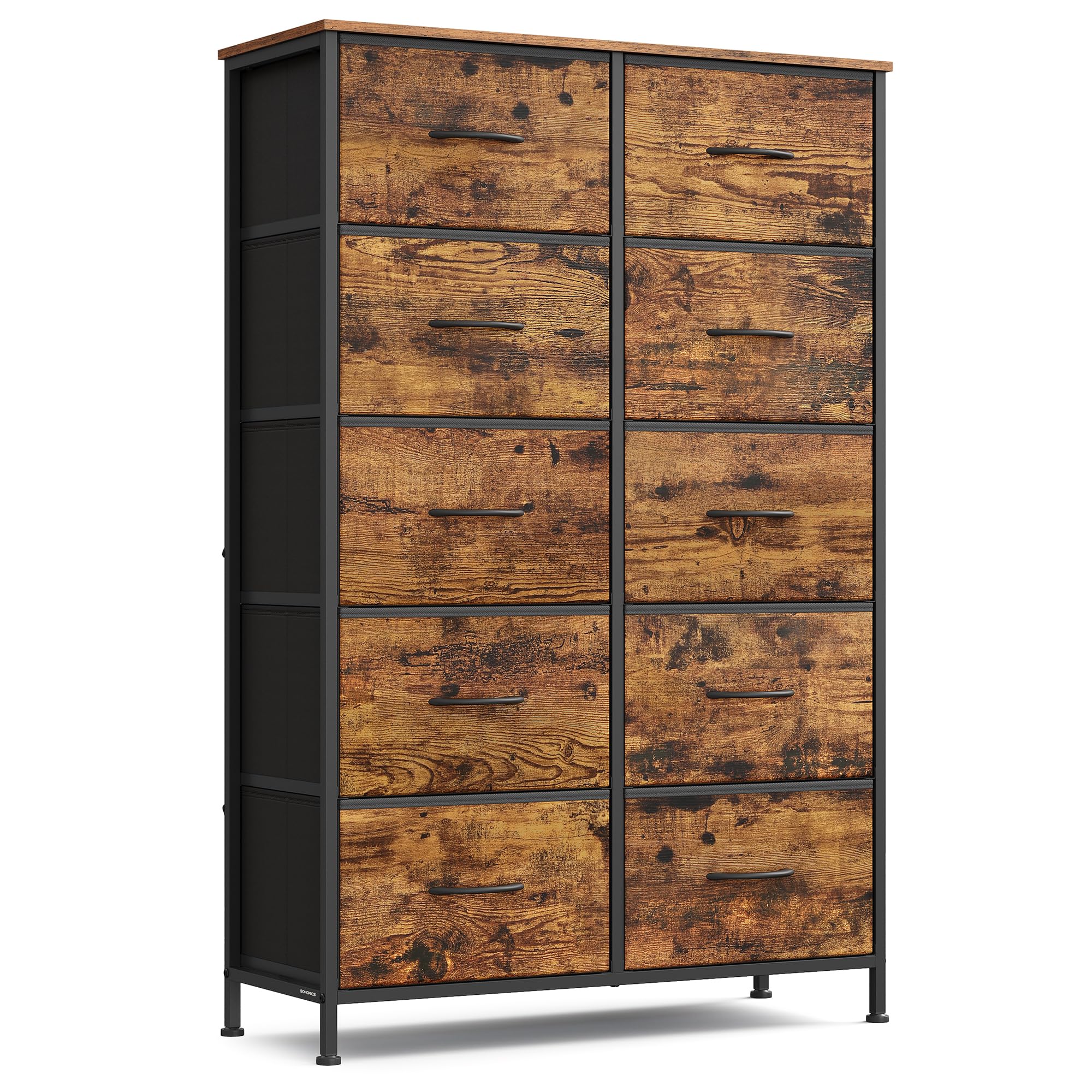 SONGMICS Dresser for Bedroom, Chest of Drawers, Steel, MDF, 10 Non-Woven Fabric Drawers, Storage Organizer Unit, Closet, Entryway, Rustic Brown and In