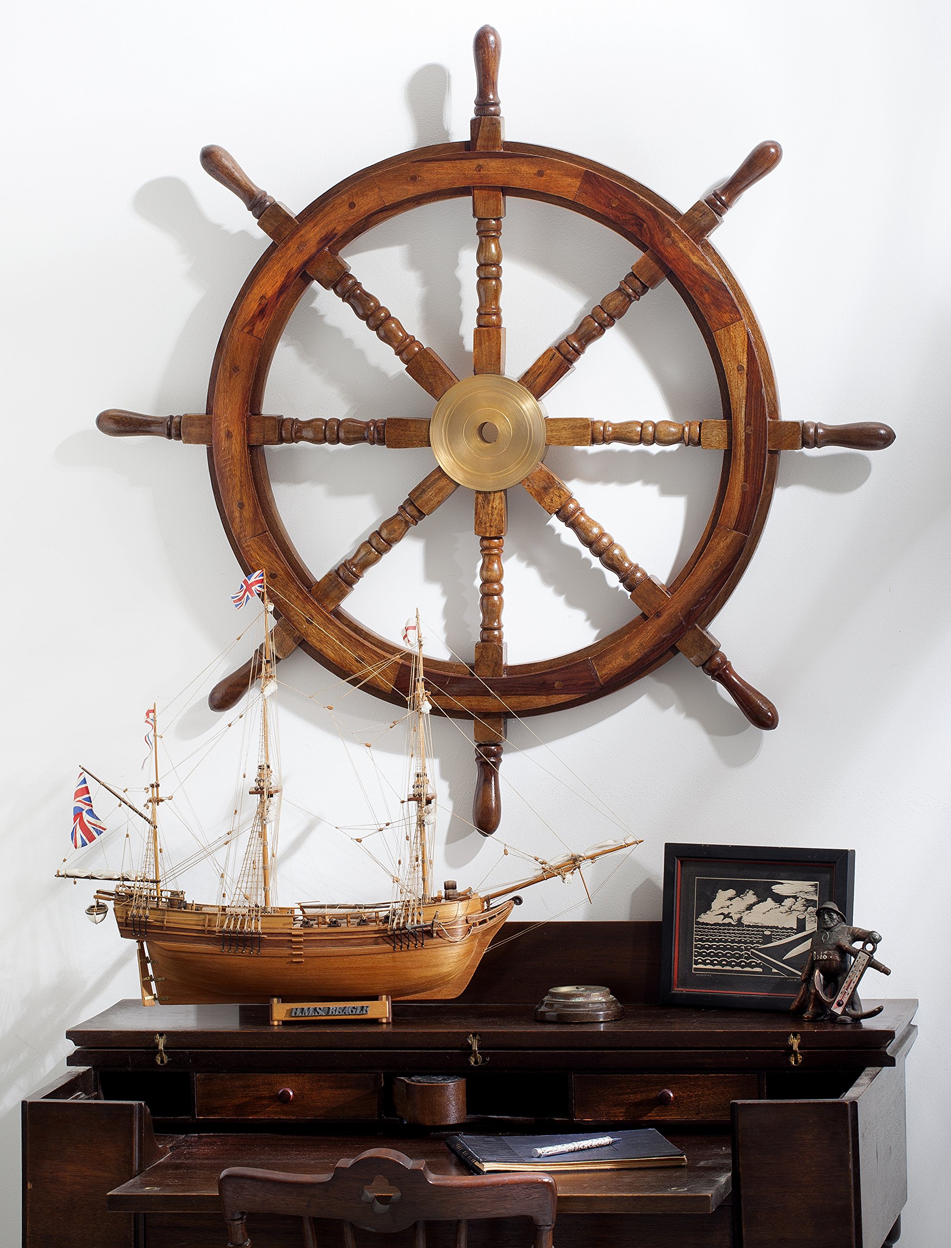 KINDWER Solid Wood and Brass Ships Wheel, 36-Inch